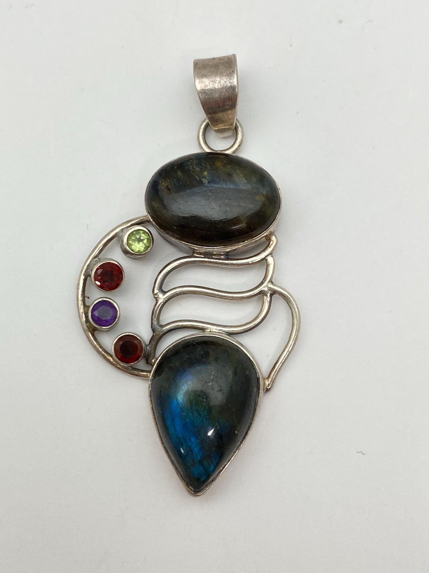 labradorite pendant, large pendant, handcrafted,multiple stones, sterling silver, Nepalese