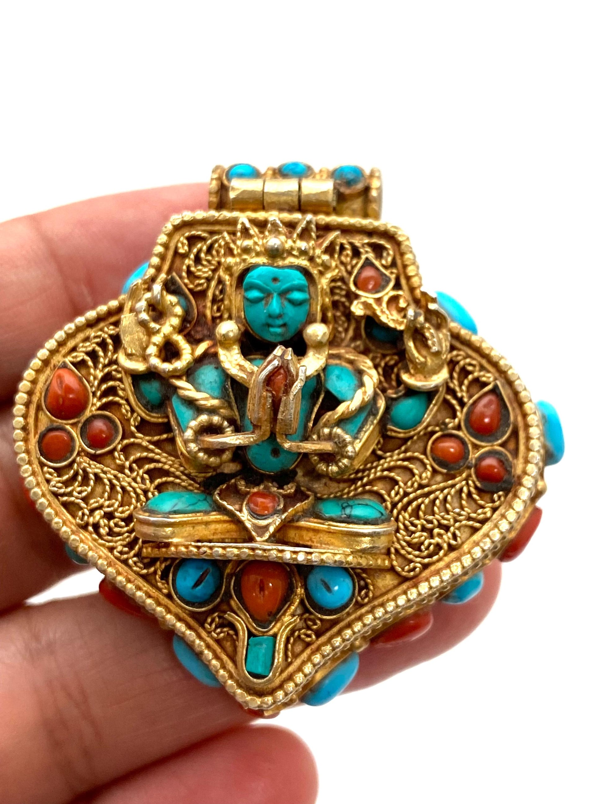 Gold-Plated Sterling Silver Gau Box Pendant: Turquoise & Coral Inlay