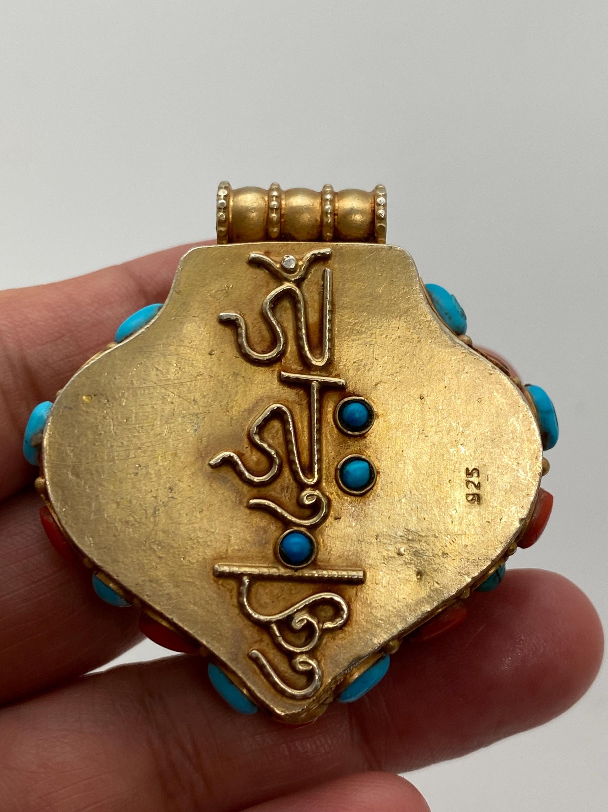 Gold-Plated Sterling Silver Gau Box Pendant: Turquoise & Coral Inlay