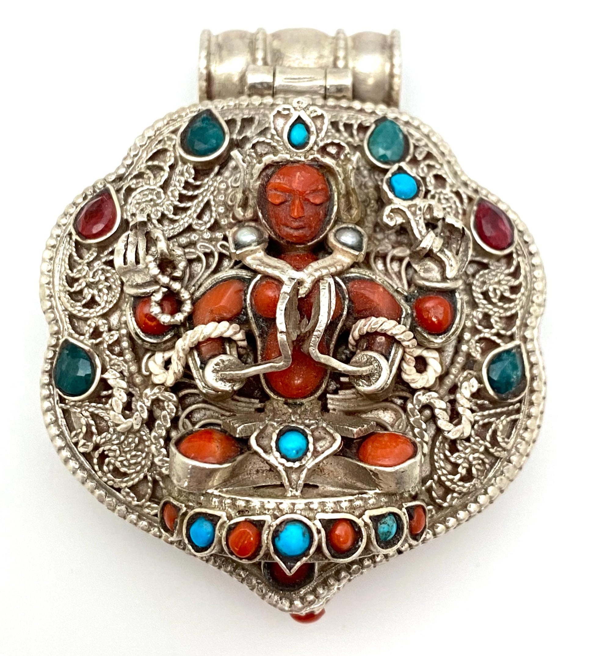 Handcrafted Sterling Silver Amitayush Buddha Pendant: Coral, Turquoise, Ruby, Emerald