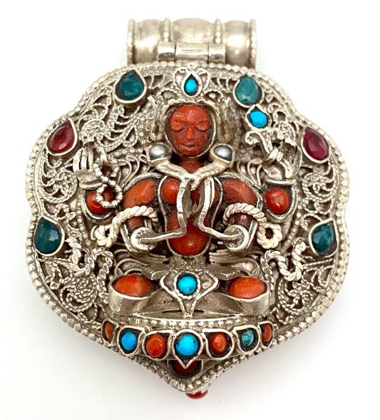 Handcrafted Sterling Silver Amitayush Buddha Pendant: Coral, Turquoise, Ruby, Emerald