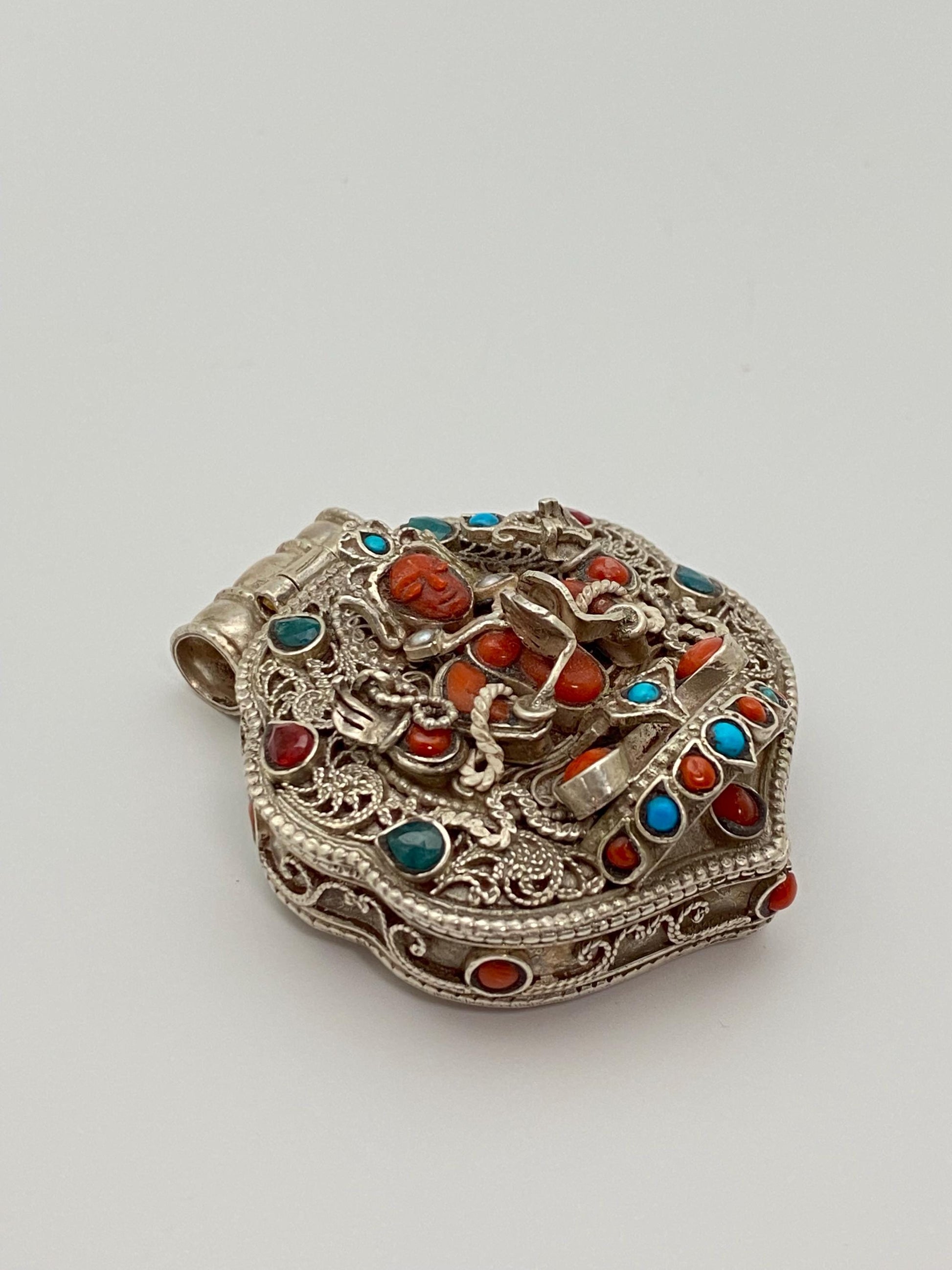 Handcrafted Sterling Silver Amitayush Buddha Pendant: Coral, Turquoise, Ruby, Emerald