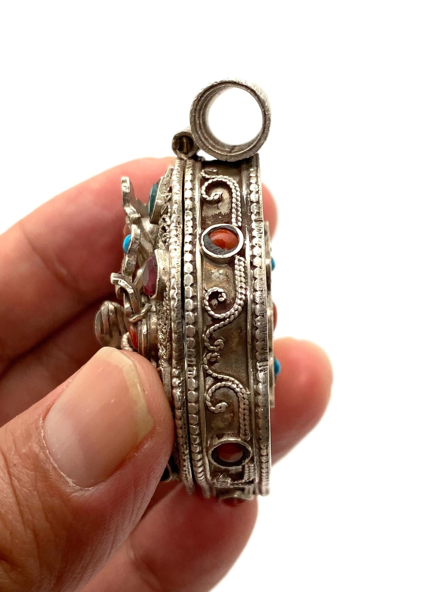 Handcrafted Sterling Silver Amitayush Buddha Pendant: Coral, Turquoise, Ruby, Emerald