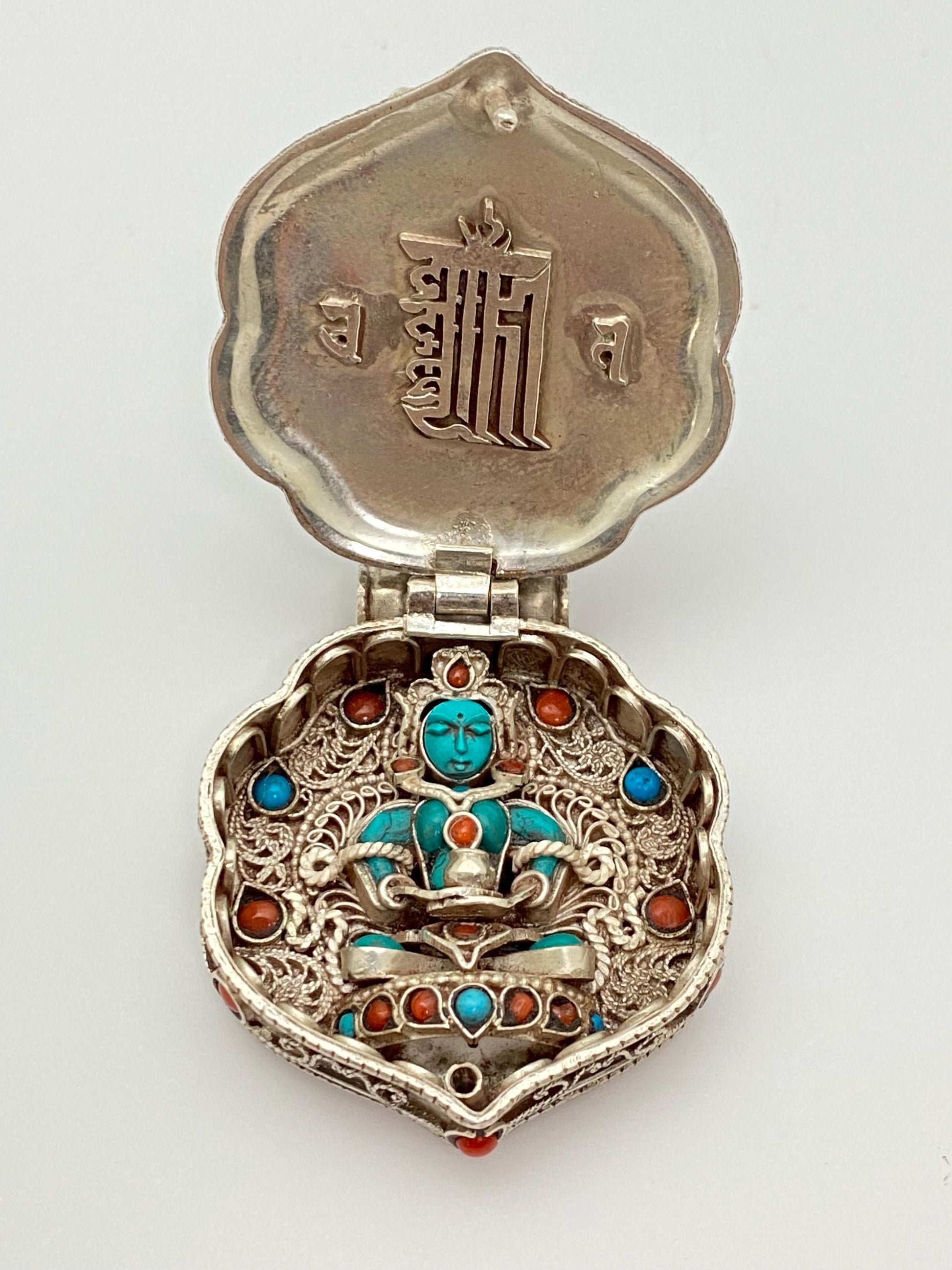 Handcrafted Sterling Silver Amitayush Buddha Pendant: Coral, Turquoise, Ruby, Emerald