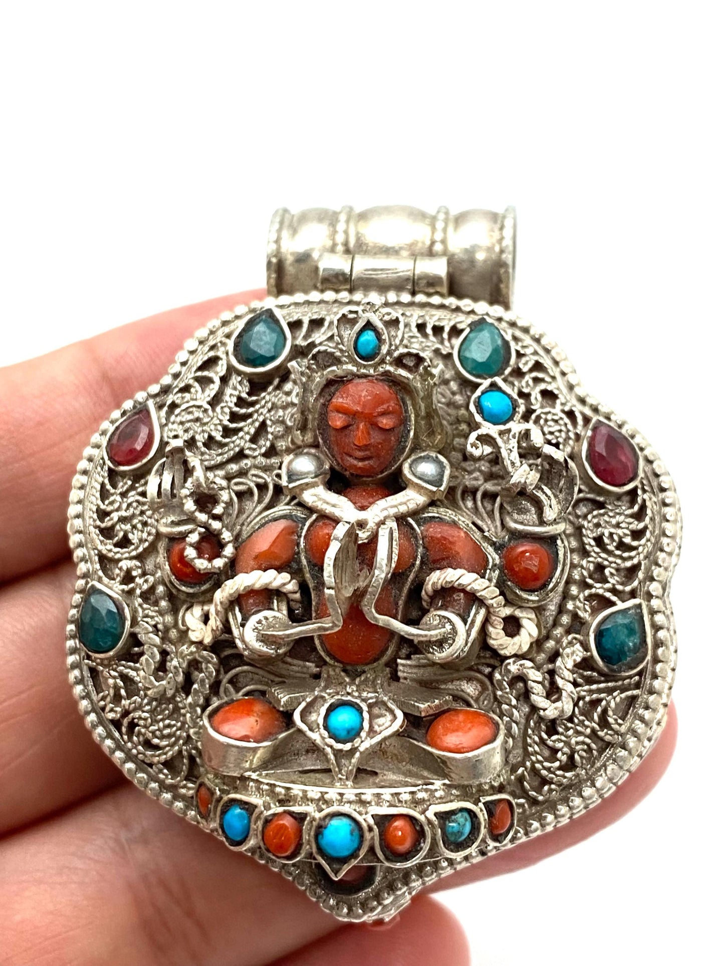 Handcrafted Sterling Silver Amitayush Buddha Pendant: Coral, Turquoise, Ruby, Emerald