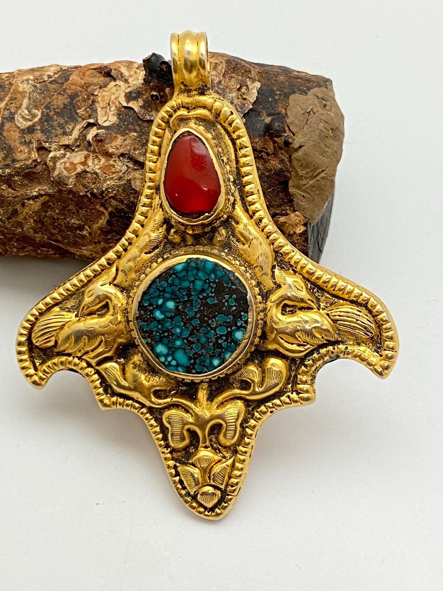 Turquoise, coral, Tibetan silver, gold-plated, handcrafted, ethnic style, Nepalese