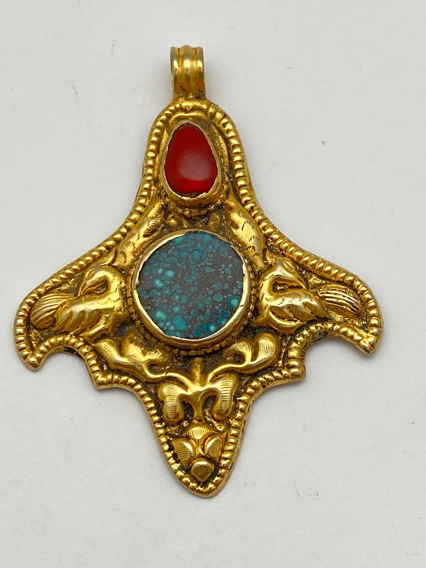 Turquoise, coral, Tibetan silver, gold-plated, handcrafted, ethnic style, Nepalese