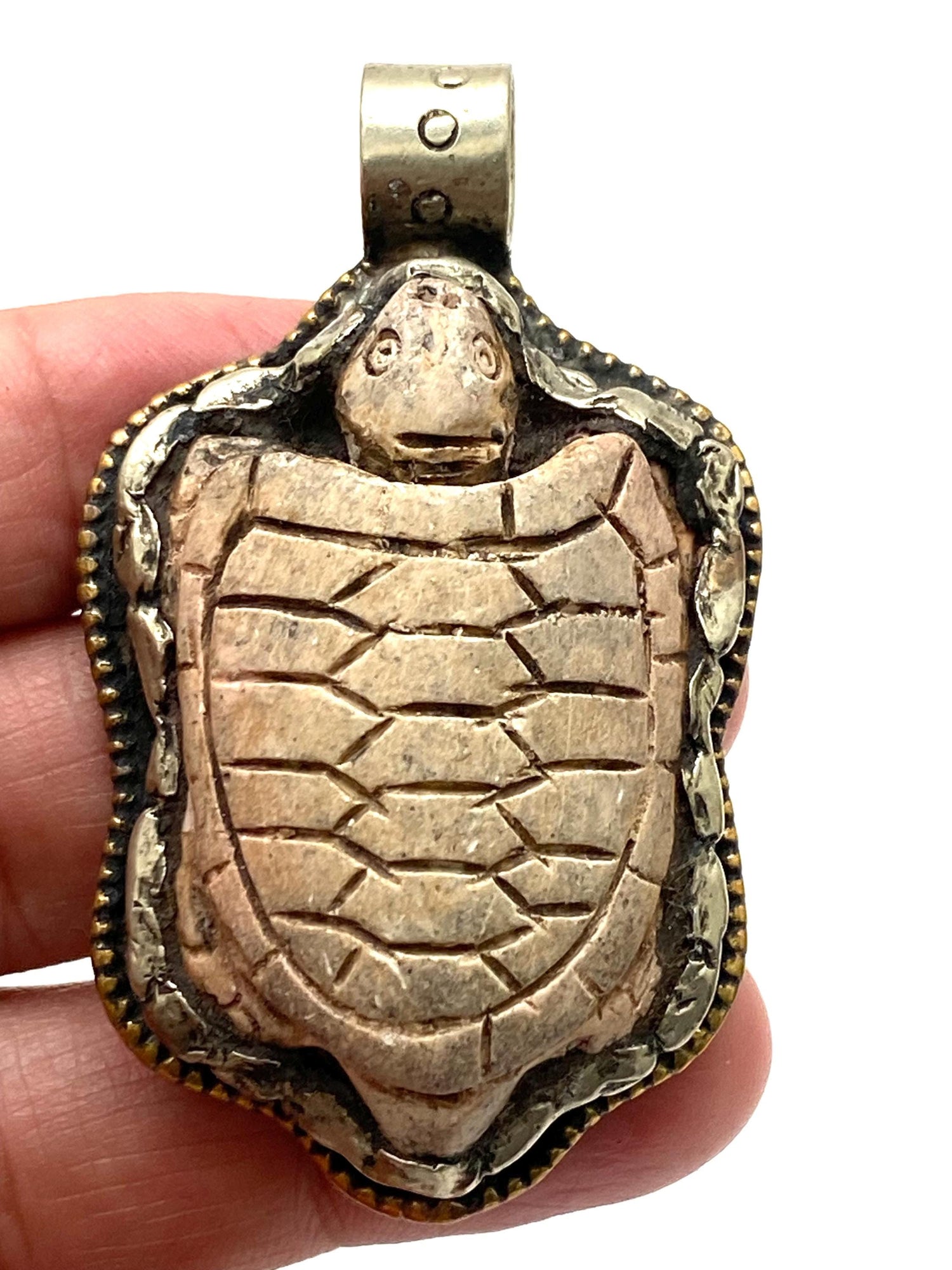 turtle pendant, handmade, bone carved, Tibetan silver, ethnic design,animal lover