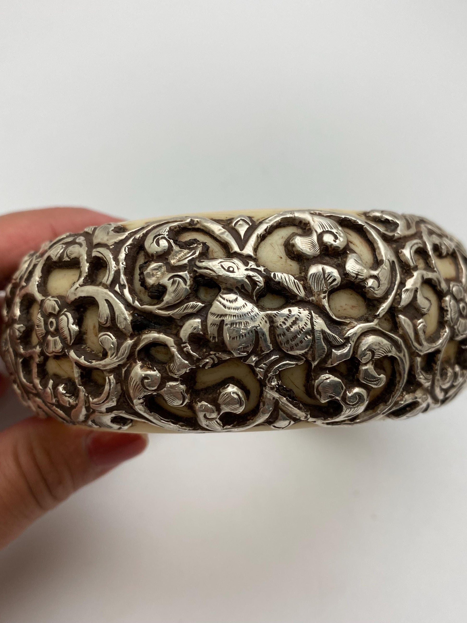 Bangle,bone carved, handcrafted,sterling silver,floral,bird,animal,ethnic style,