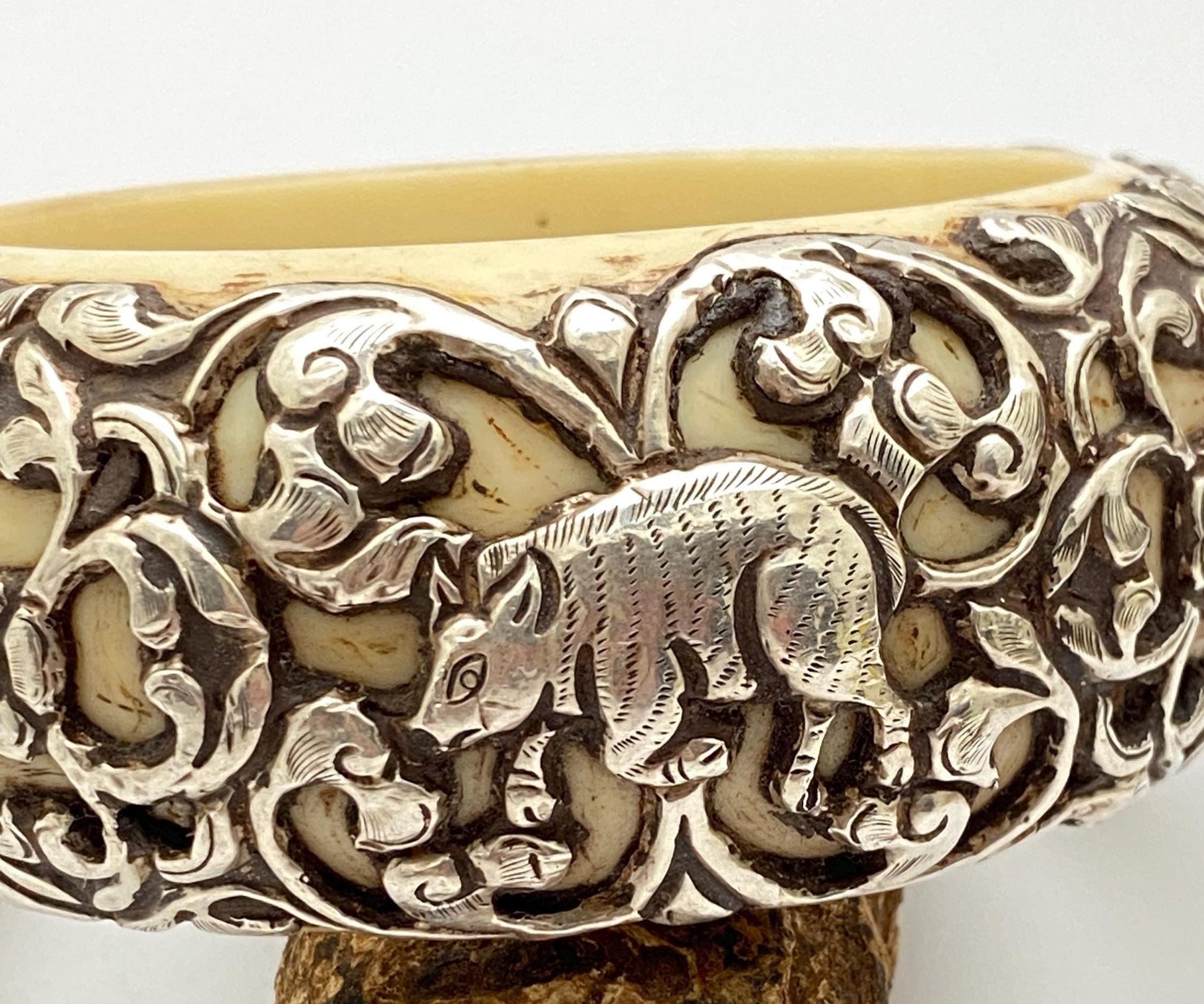 Bangle,bone carved, handcrafted,sterling silver,floral,bird,animal,ethnic style,