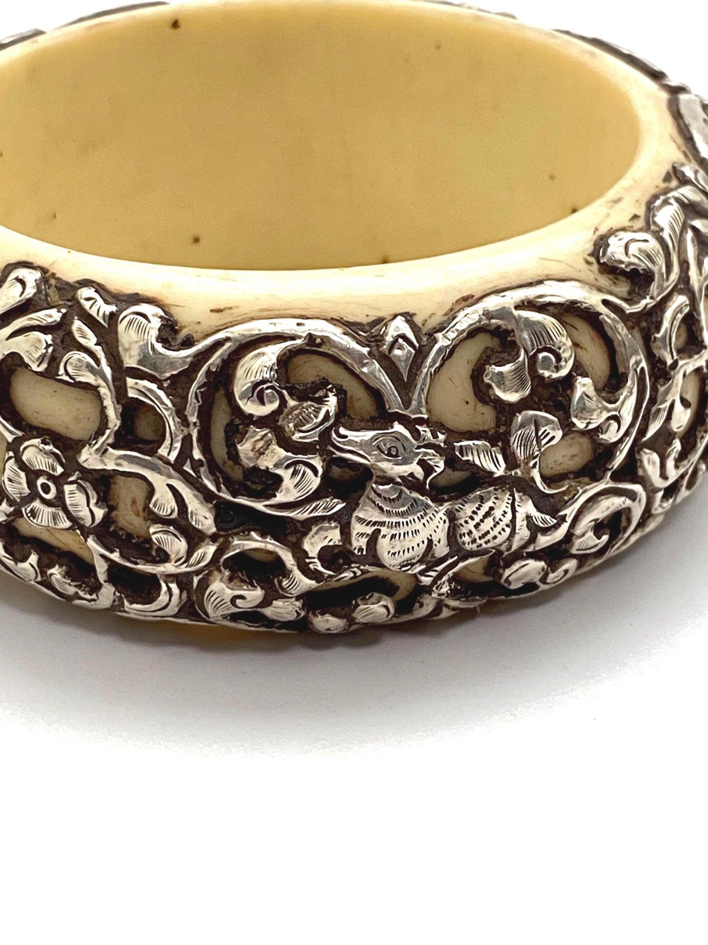 Bangle,bone carved, handcrafted,sterling silver,floral,bird,animal,ethnic style,