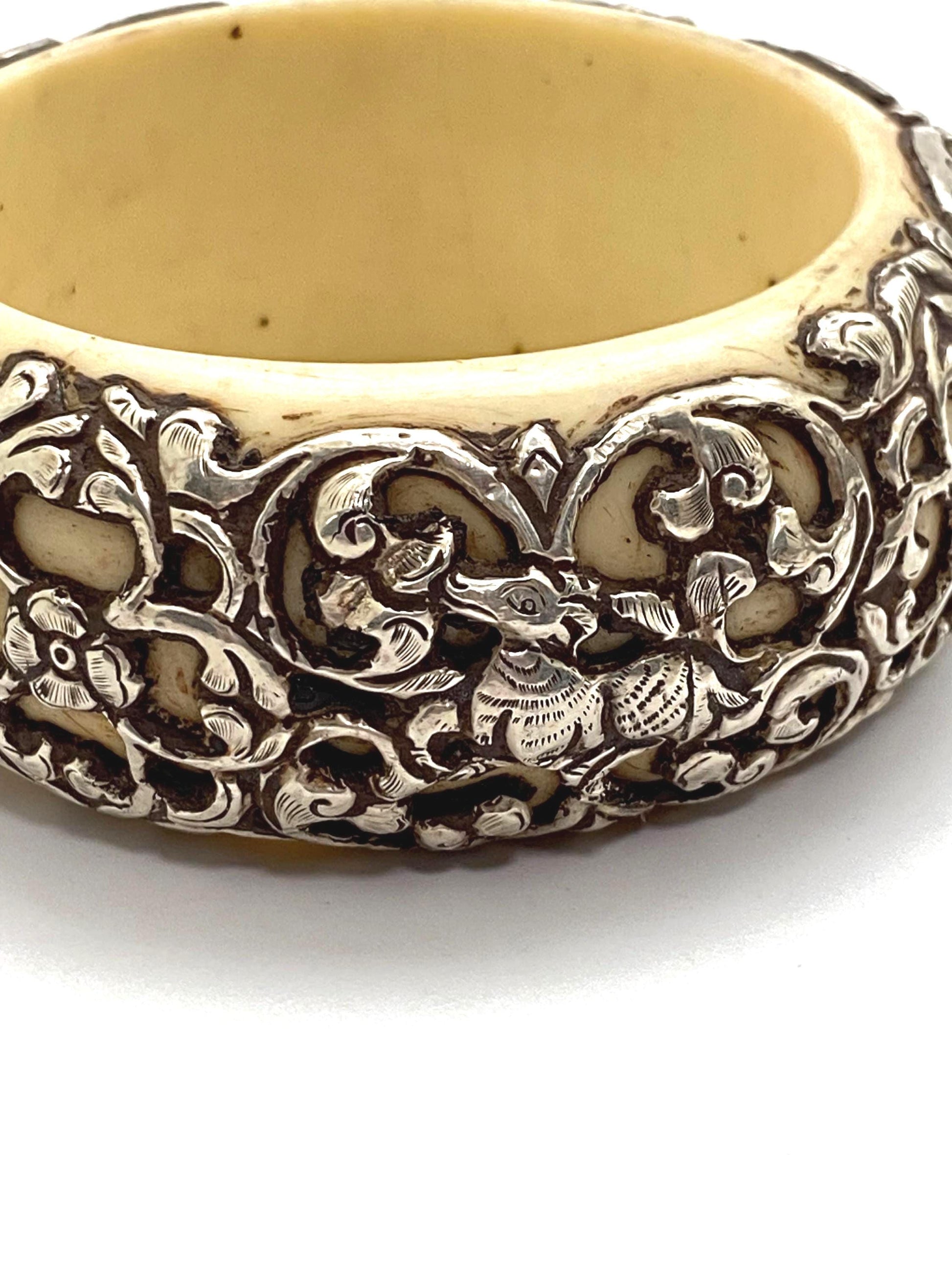 Bangle,bone carved, handcrafted,sterling silver,floral,bird,animal,ethnic style,