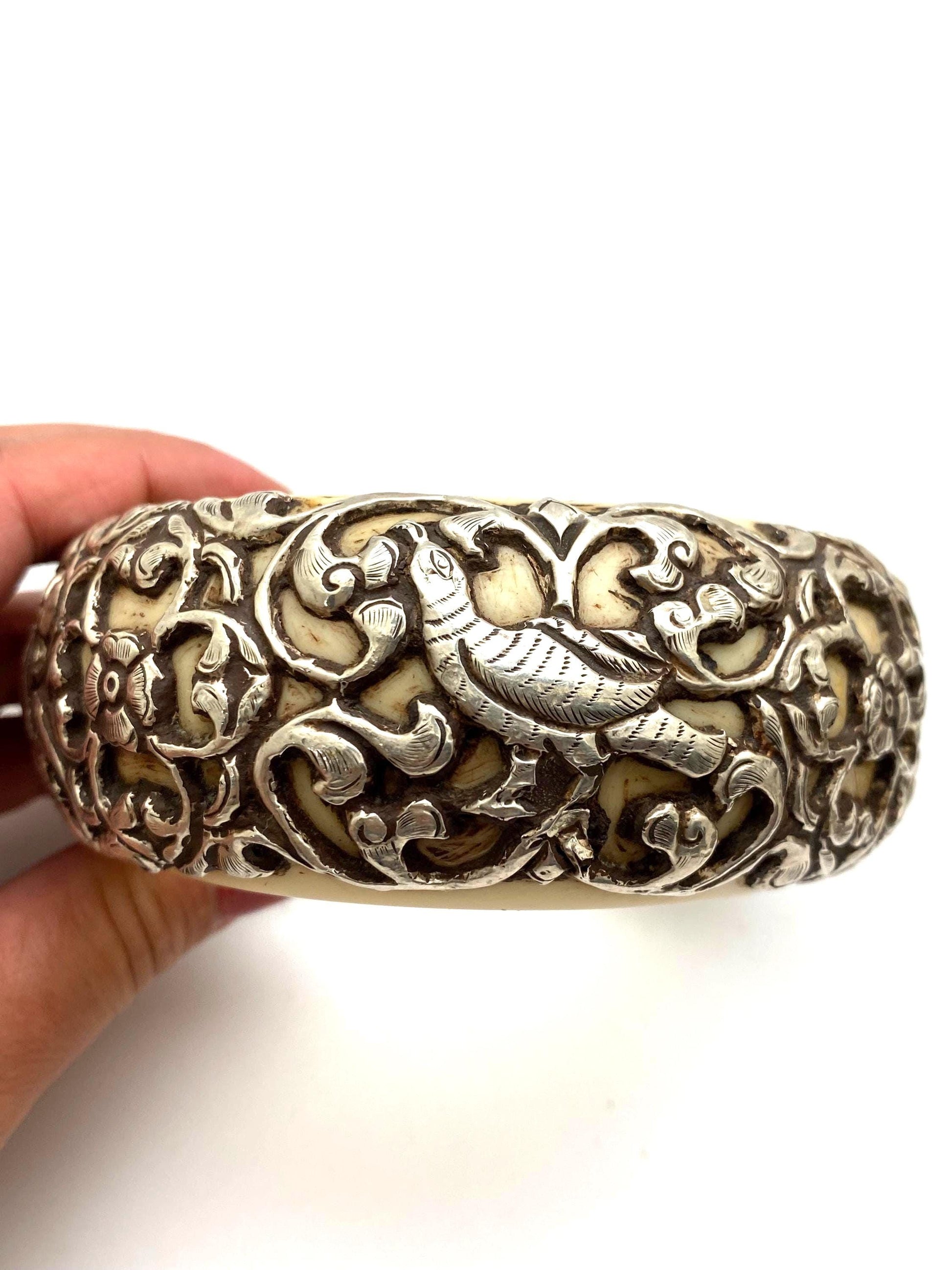 Bangle,bone carved, handcrafted,sterling silver,floral,bird,animal,ethnic style,