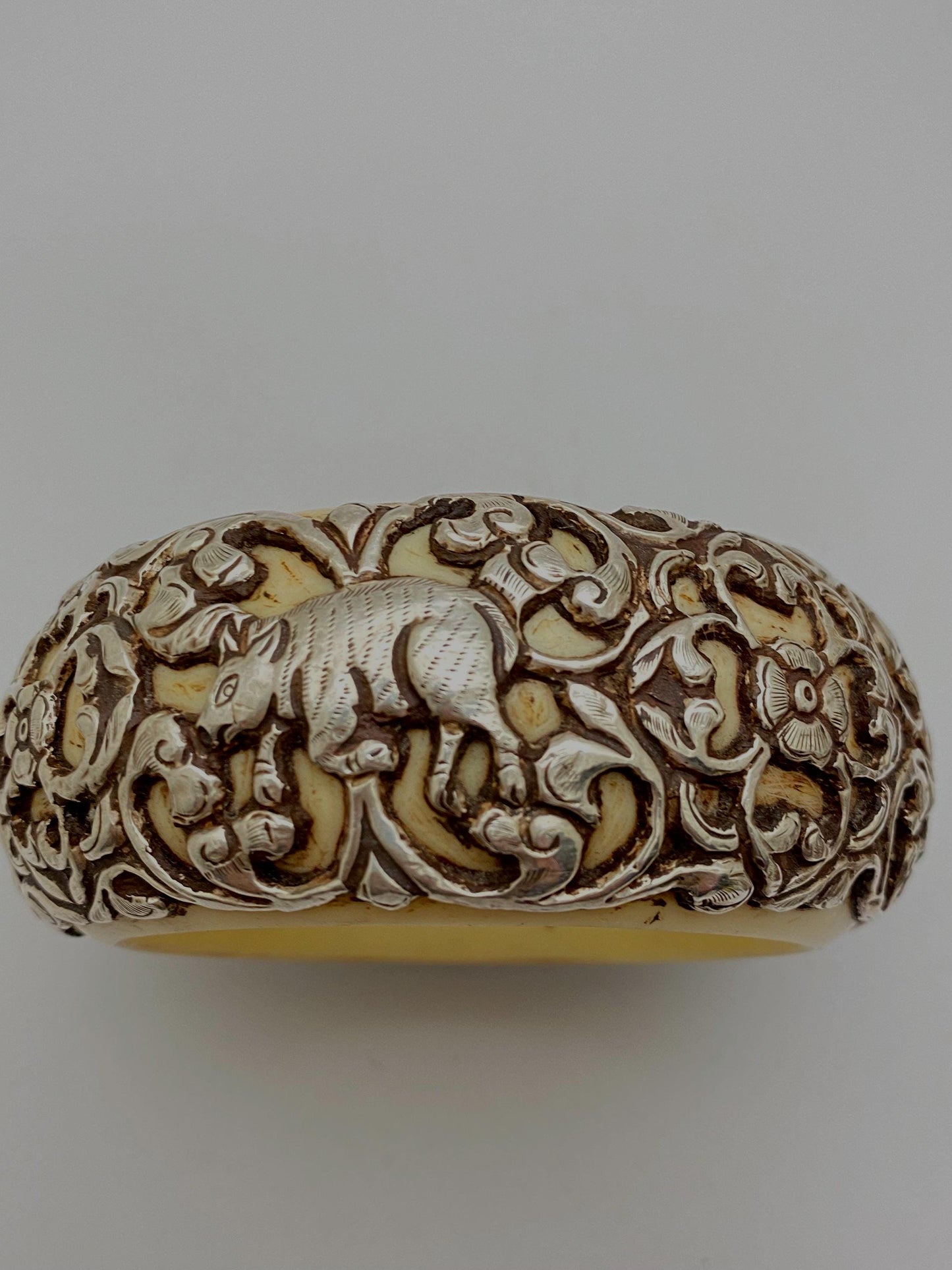 Bangle,bone carved, handcrafted,sterling silver,floral,bird,animal,ethnic style,