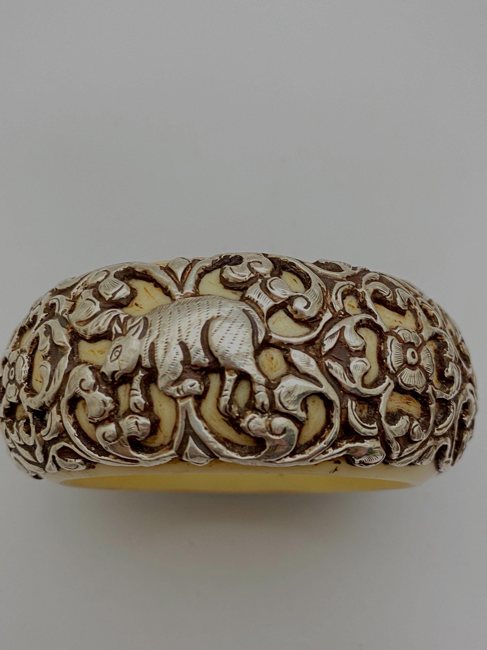 Bangle,bone carved, handcrafted,sterling silver,floral,bird,animal,ethnic style,