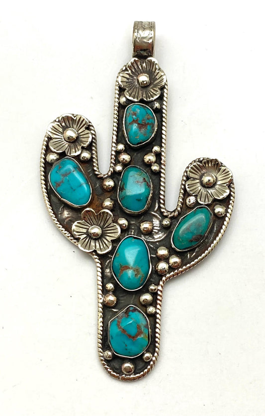 cactus pendant,handcrafted,Tibetan silver,turquoise,floral pendant,Nepalese