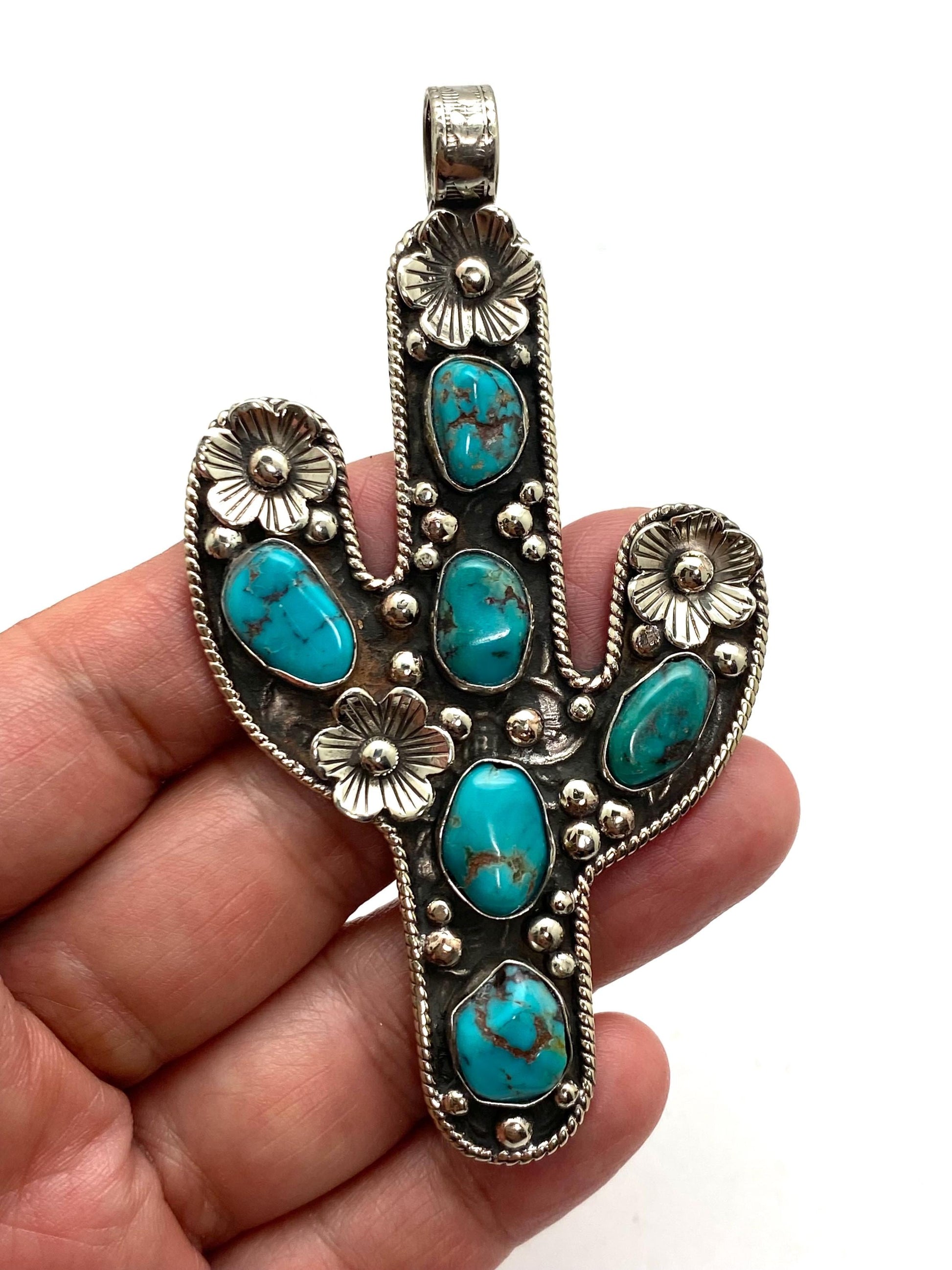 cactus pendant,handcrafted,Tibetan silver,turquoise,floral pendant,Nepalese