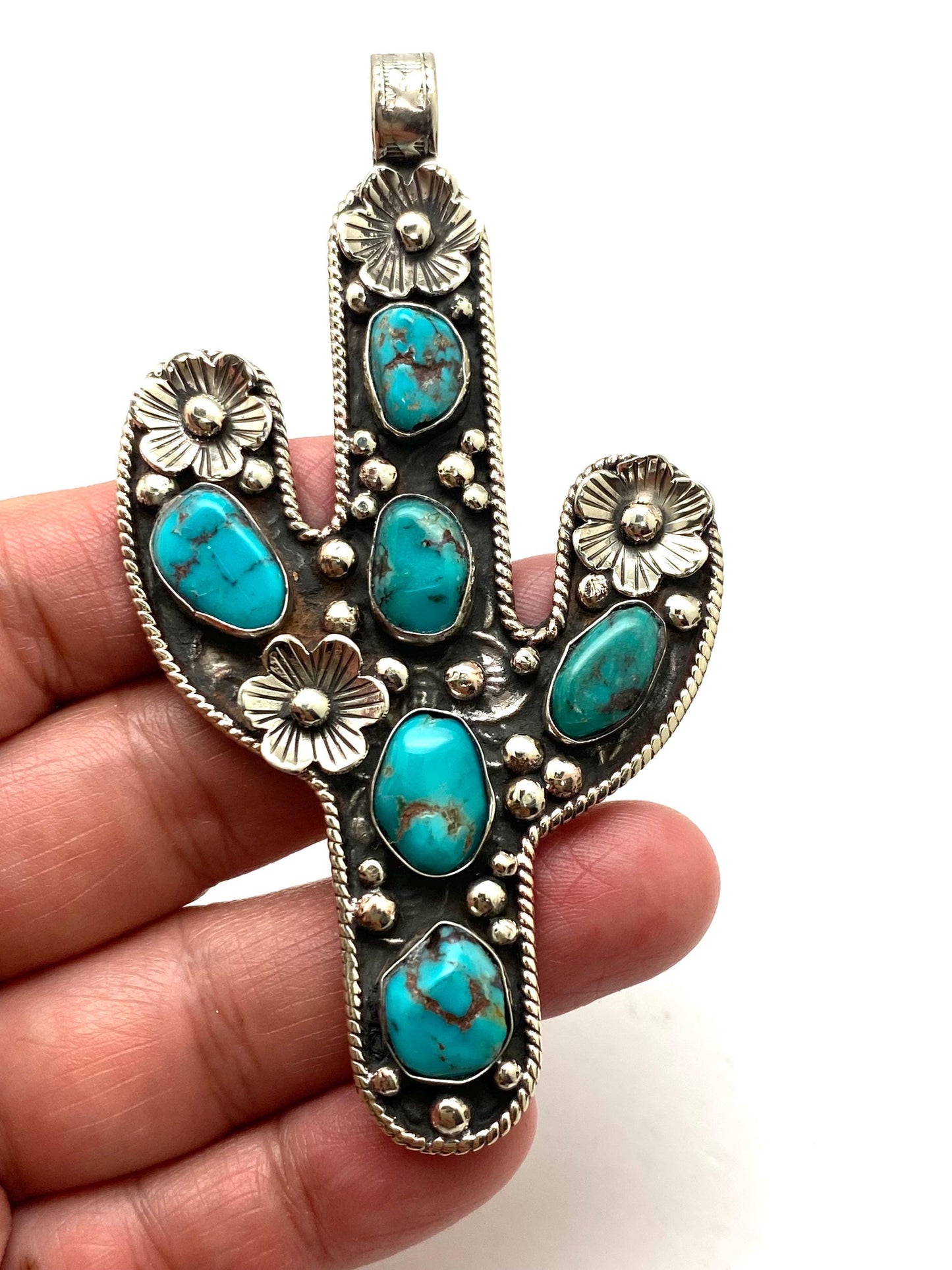 cactus pendant,handcrafted,Tibetan silver,turquoise,floral pendant,Nepalese
