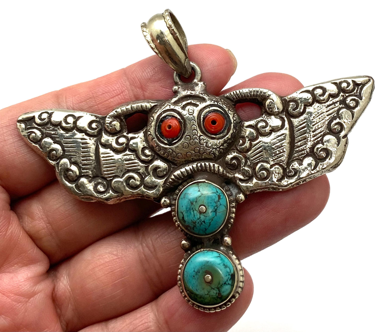 Bug pendant,Hand crafted,Tibetan silver,coral,turquoise,