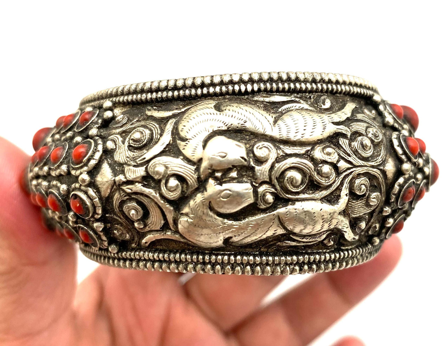 cuff bracelet, bangle, handcrafted, coral,turquoise ethnic design, animal lover, Tibetan silver, Himalayan, Nepalese