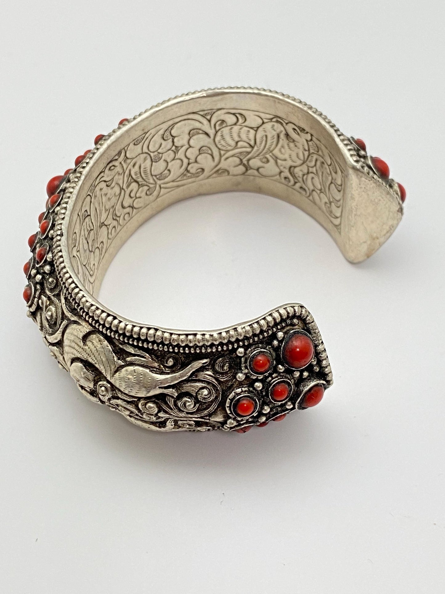 cuff bracelet, bangle, handcrafted, coral,turquoise ethnic design, animal lover, Tibetan silver, Himalayan, Nepalese