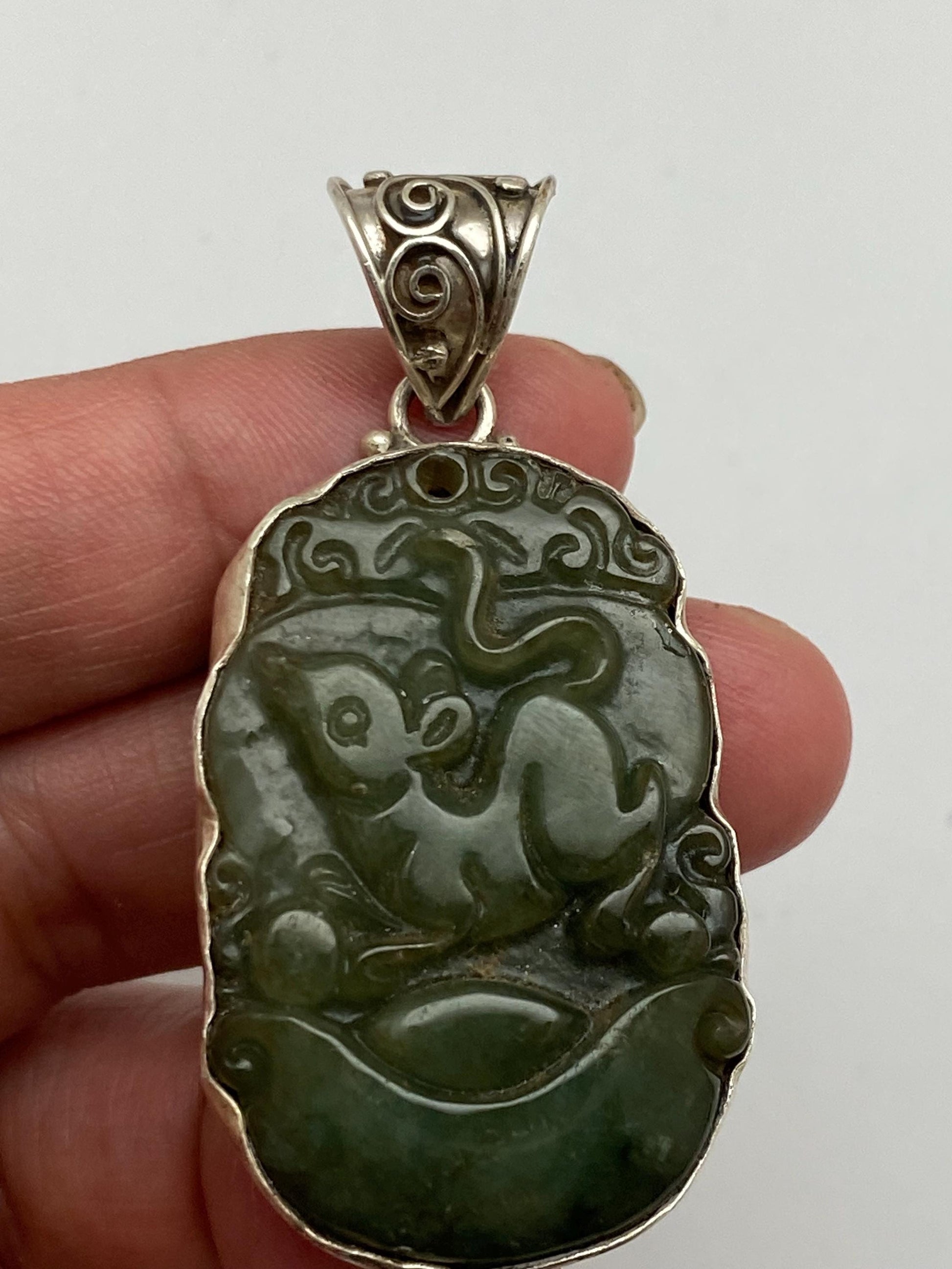 Carved Jade Rat Pendant: Sterling Silver Chinese Zodiac Charm