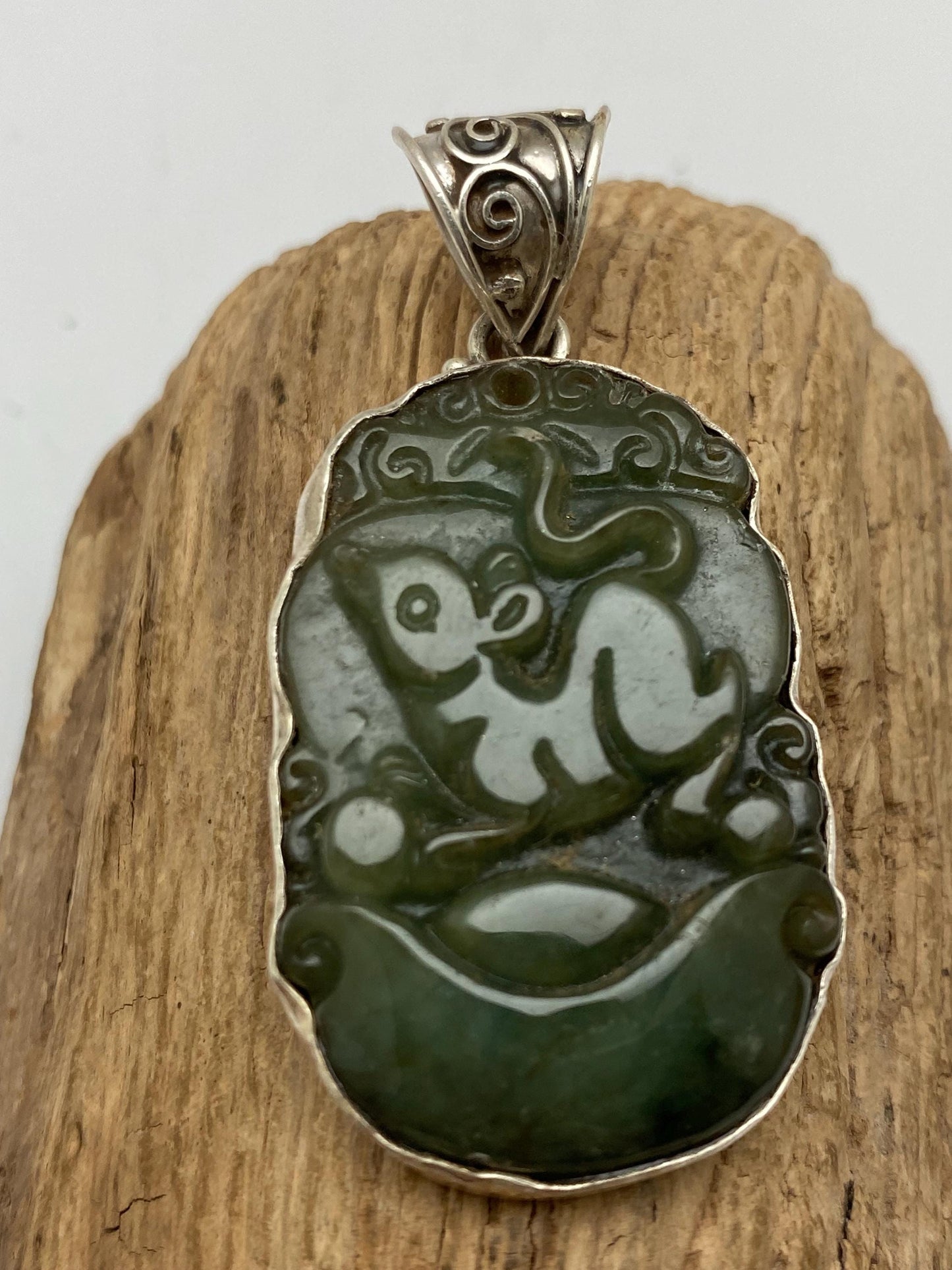 Carved Jade Rat Pendant: Sterling Silver Chinese Zodiac Charm