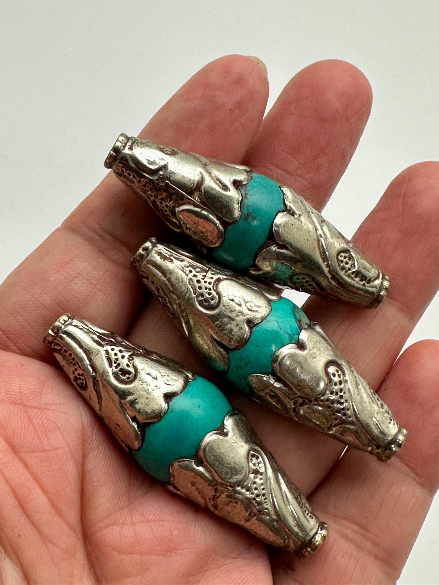 Turquoise bead, capped bead, handcrafted, Tube shape, Tibetan silver, ethnic ,Nepalese