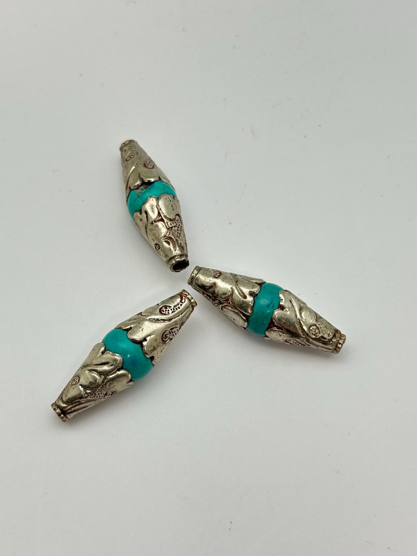 Turquoise bead, capped bead, handcrafted, Tube shape, Tibetan silver, ethnic ,Nepalese