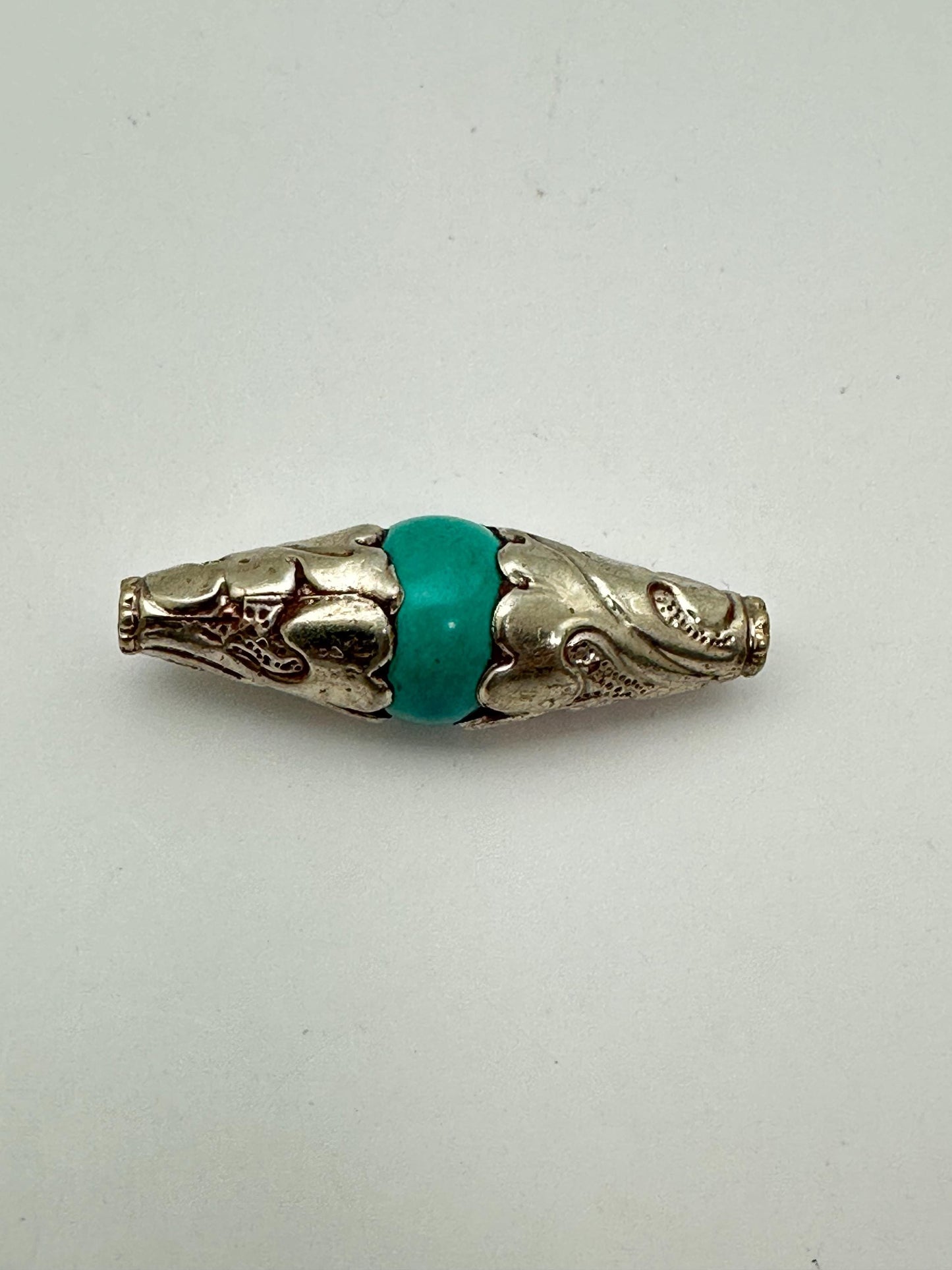 Turquoise bead, capped bead, handcrafted, Tube shape, Tibetan silver, ethnic ,Nepalese