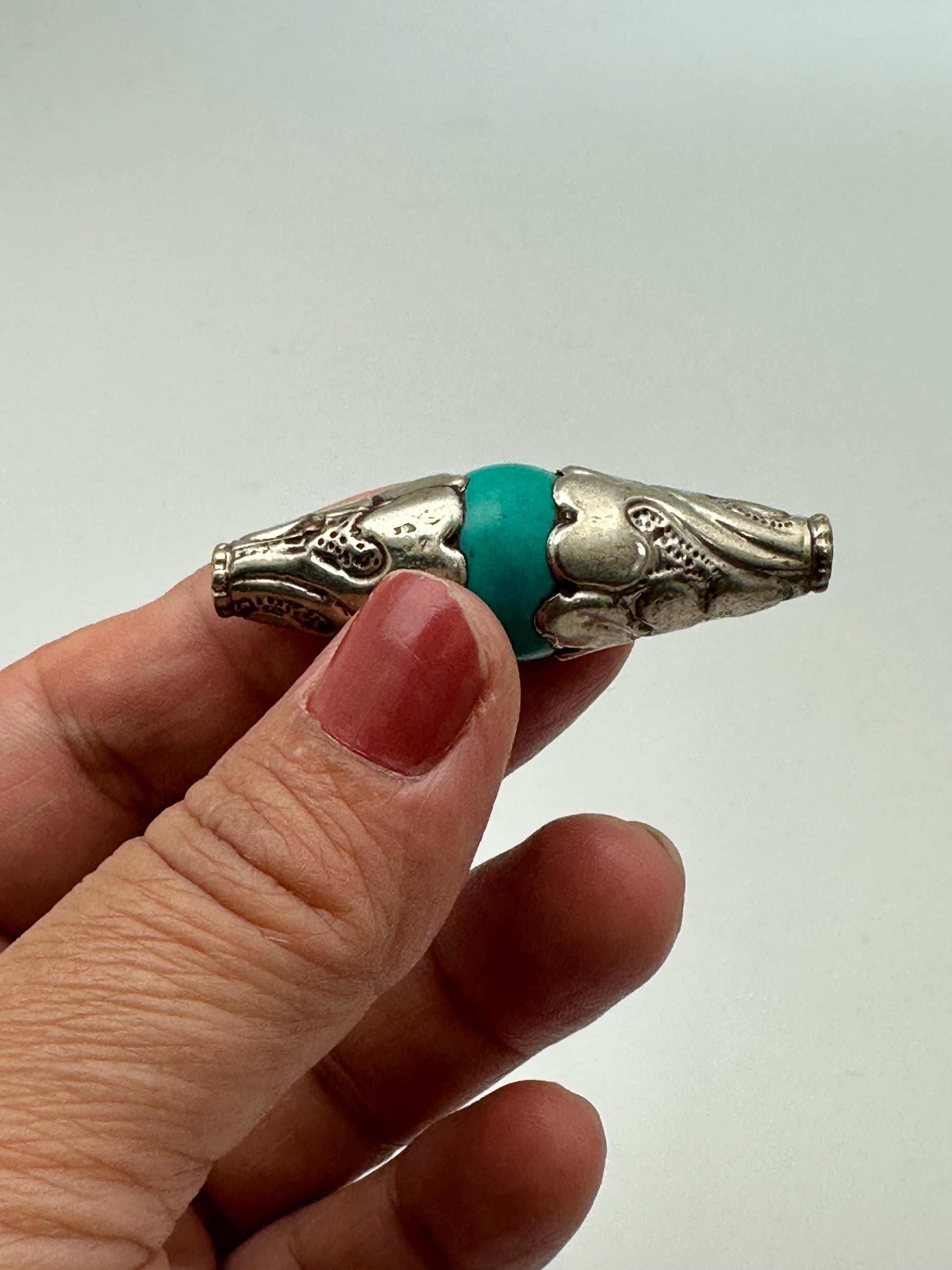 Turquoise bead, capped bead, handcrafted, Tube shape, Tibetan silver, ethnic ,Nepalese