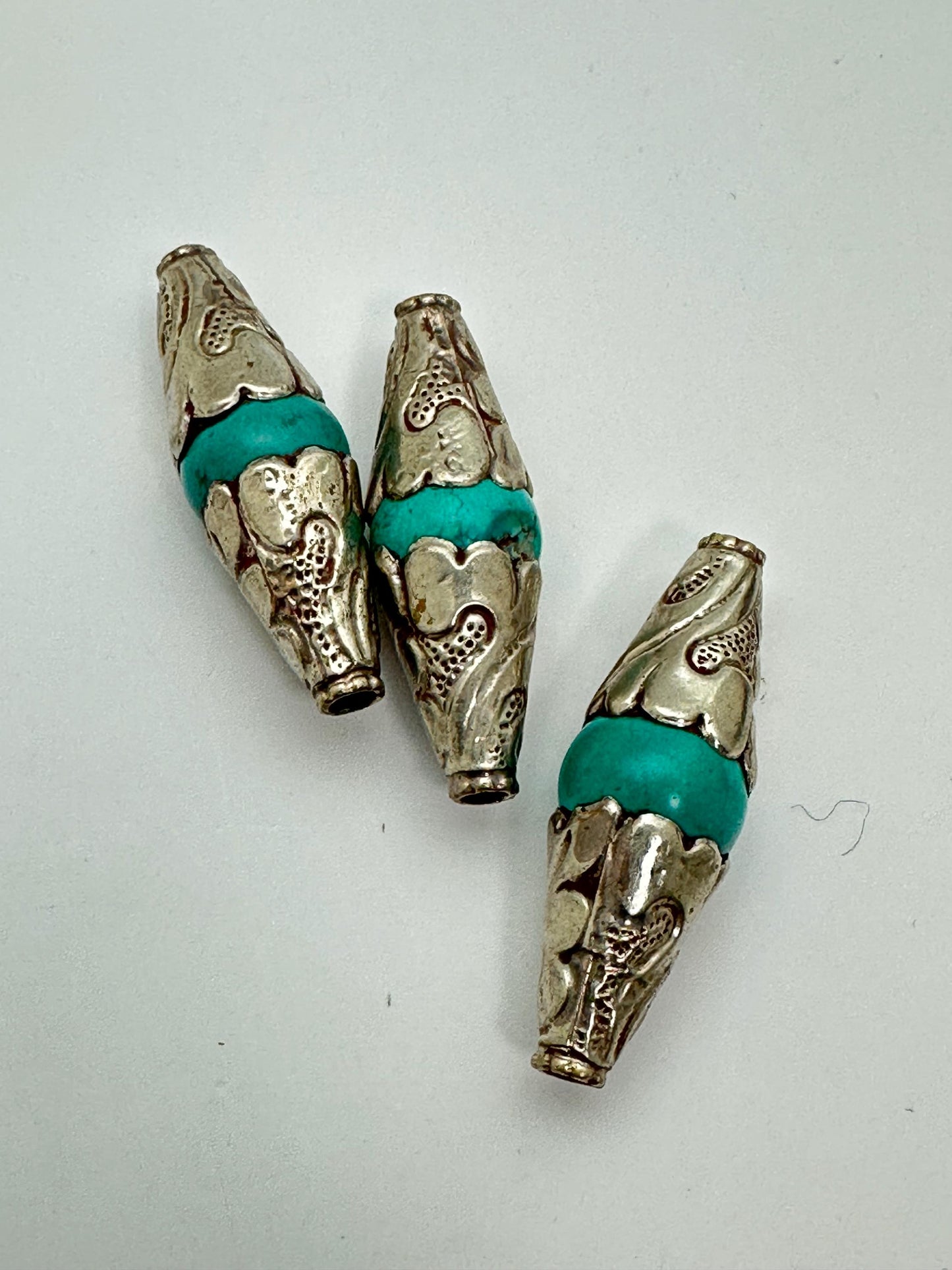 Turquoise bead, capped bead, handcrafted, Tube shape, Tibetan silver, ethnic ,Nepalese