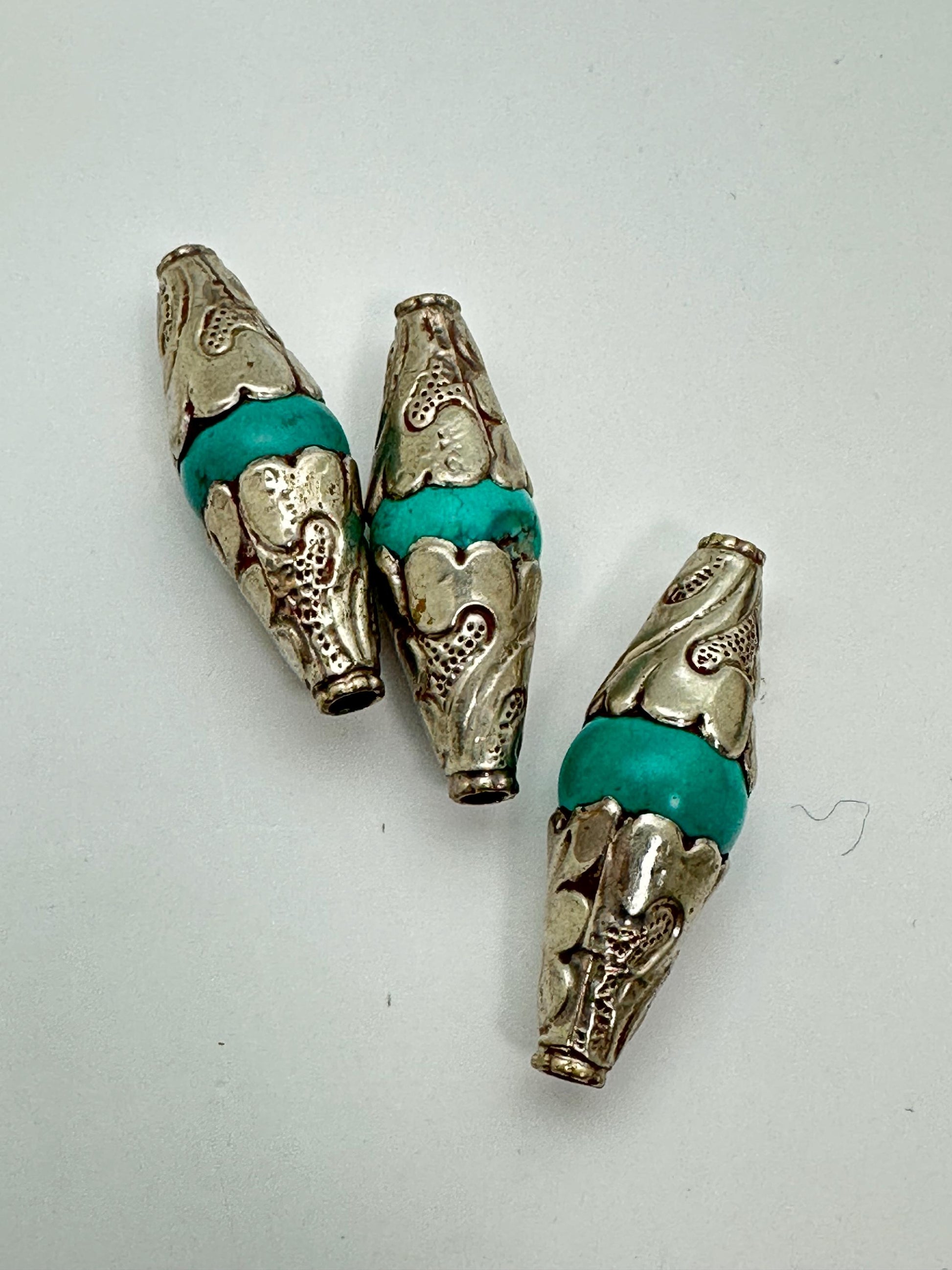 Turquoise bead, capped bead, handcrafted, Tube shape, Tibetan silver, ethnic ,Nepalese