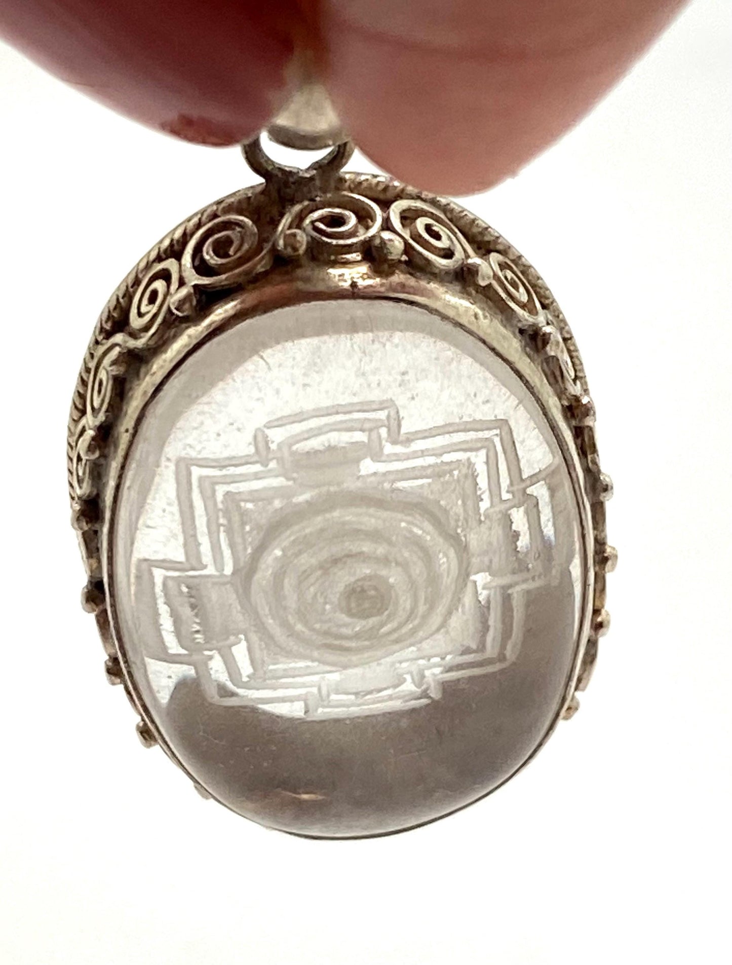 Shree yantra, shri yantra, quartz crystal carved, healing stone, amulet,spiritual, sterling silver, handcrafted, Nepalese