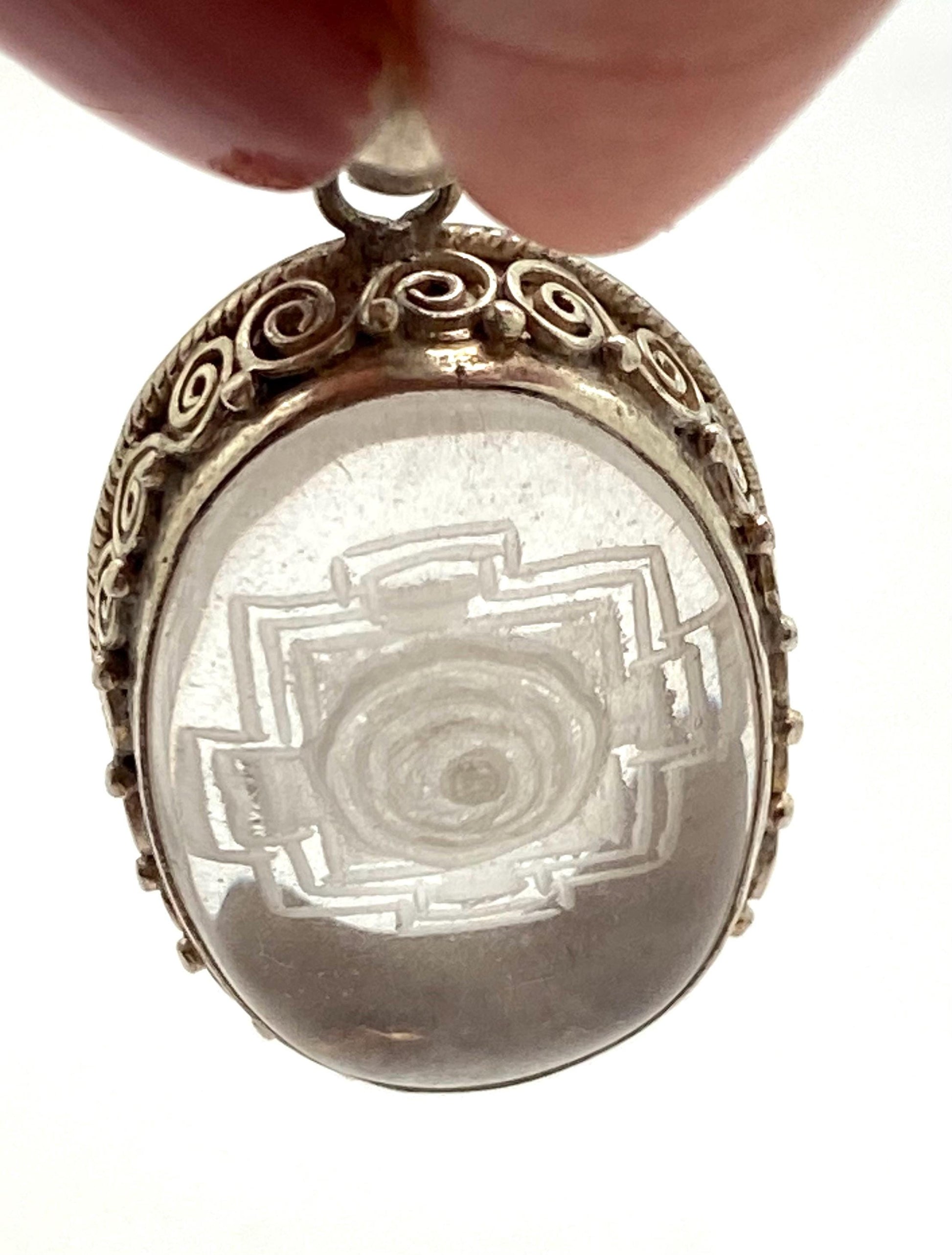 Shree yantra, shri yantra, quartz crystal carved, healing stone, amulet,spiritual, sterling silver, handcrafted, Nepalese