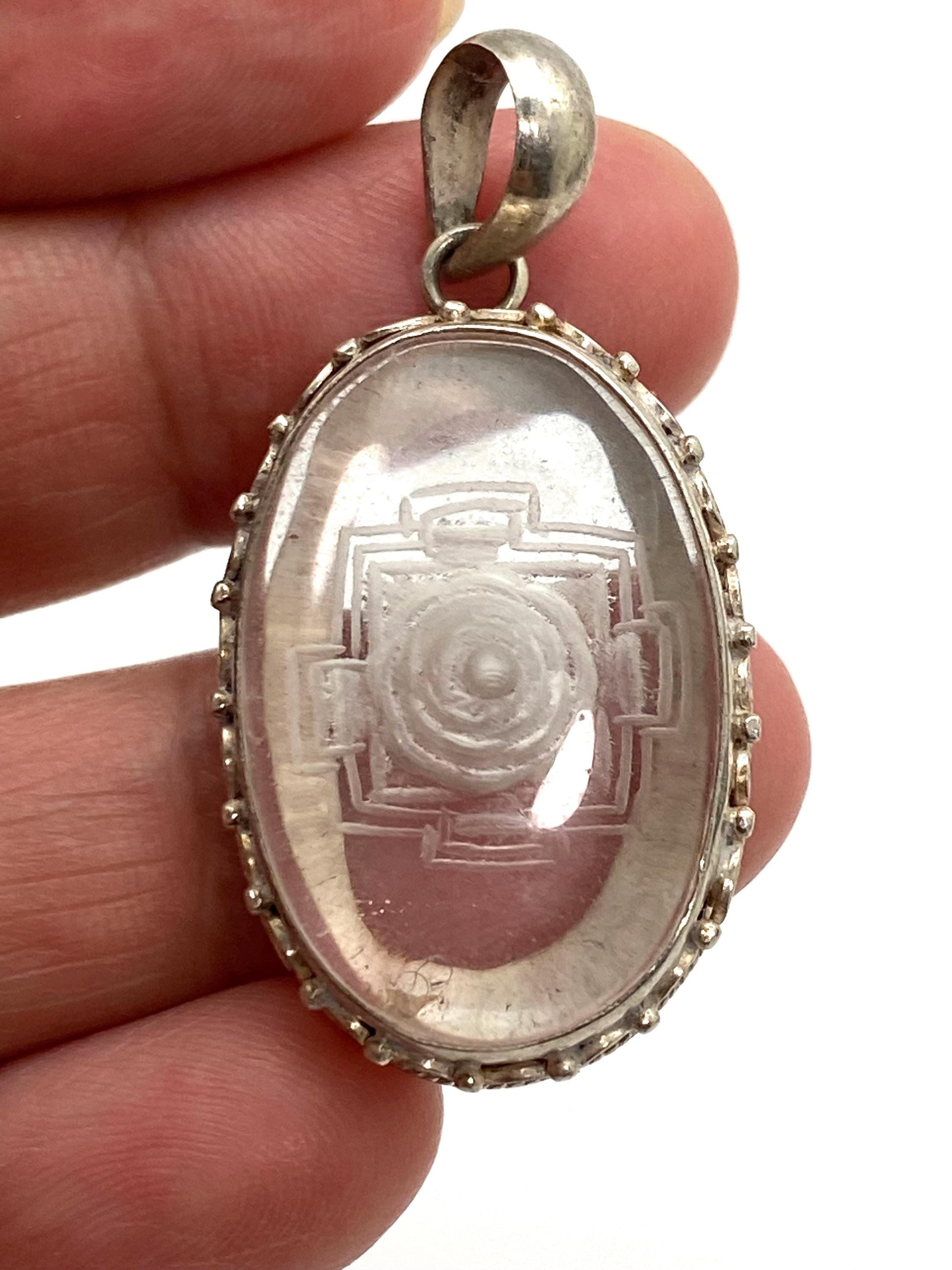 Shree yantra, shri yantra, quartz crystal carved, healing stone, amulet,spiritual, sterling silver, handcrafted, Nepalese