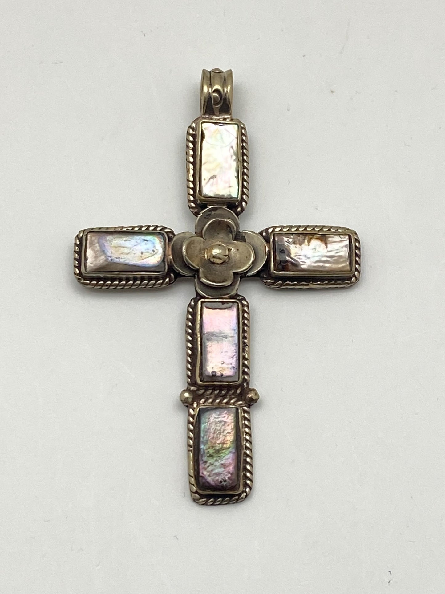 Cross pendant, mother of pearl, handcrafted, Tibetan silver, floral, Nepalese