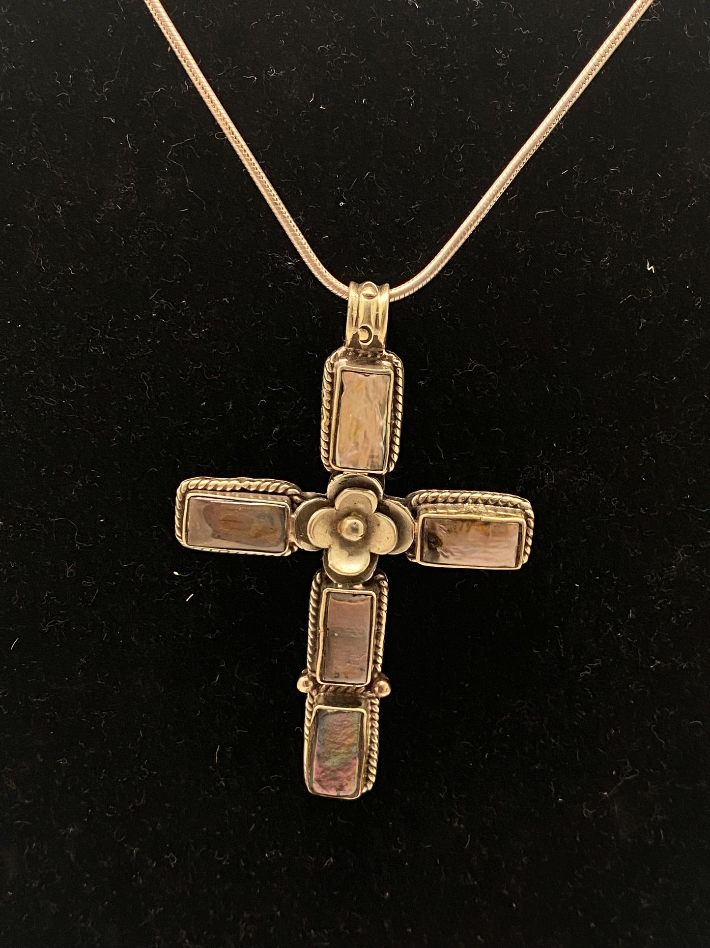 Cross pendant, mother of pearl, handcrafted, Tibetan silver, floral, Nepalese
