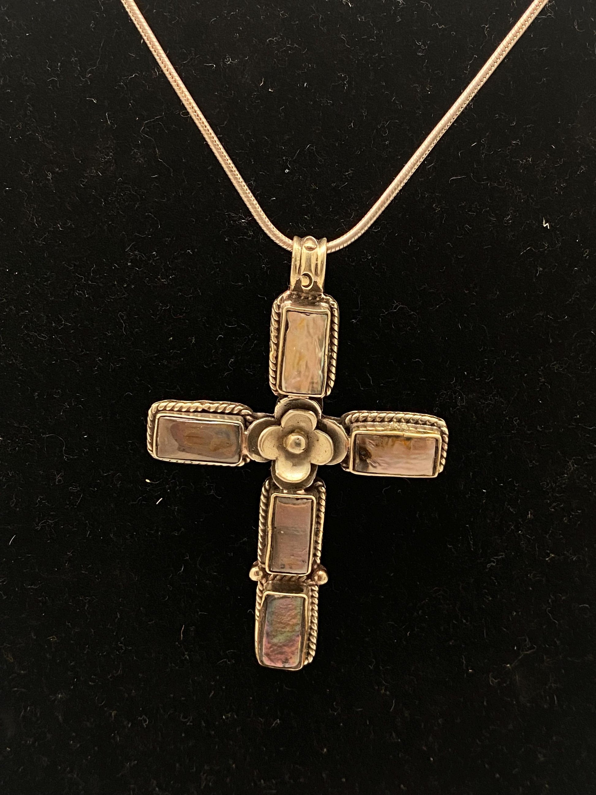 Cross pendant, mother of pearl, handcrafted, Tibetan silver, floral, Nepalese