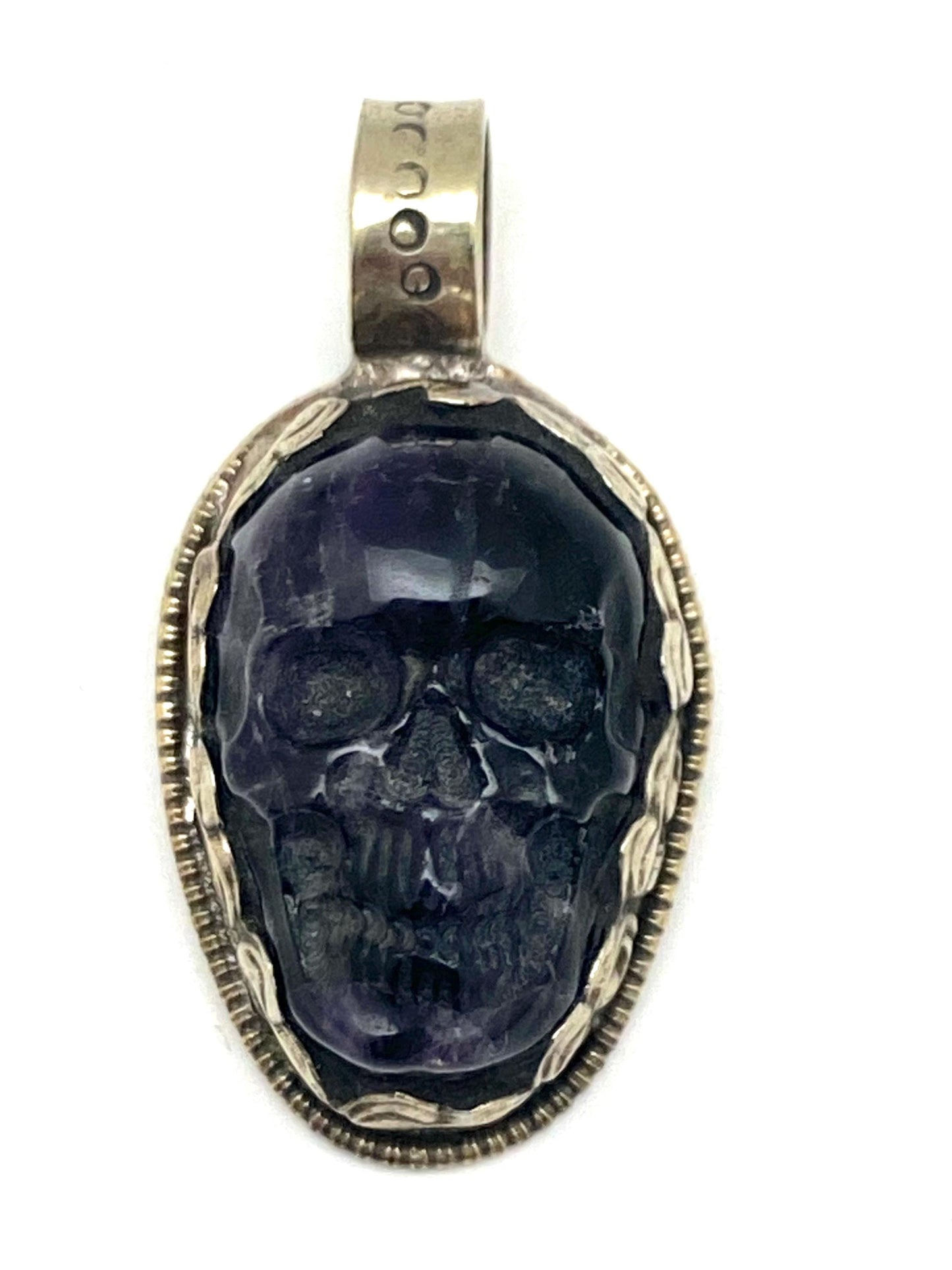 Amethyst carved skull pendant, handcrafted, Tibetan silver, ethnic style, Nepalese