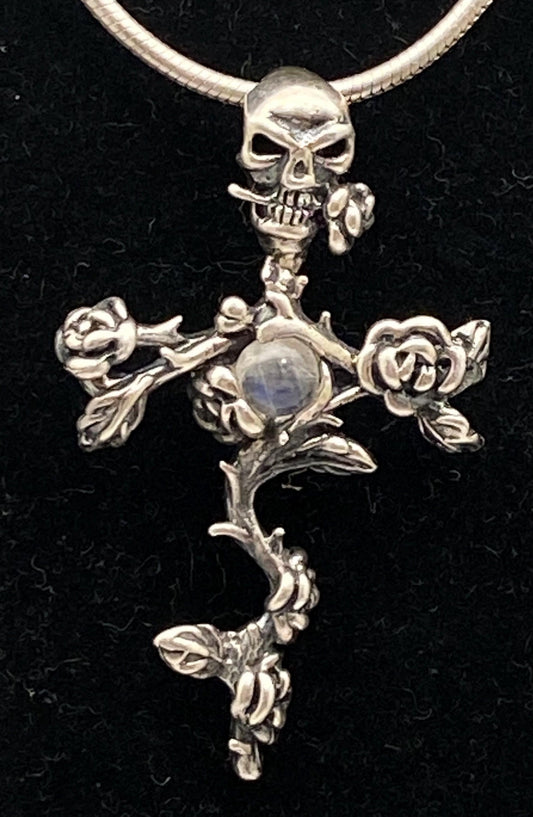 skeleton and rose pendant, sterling silver, skull, rainbow moonstone,flower pendant,floral design.