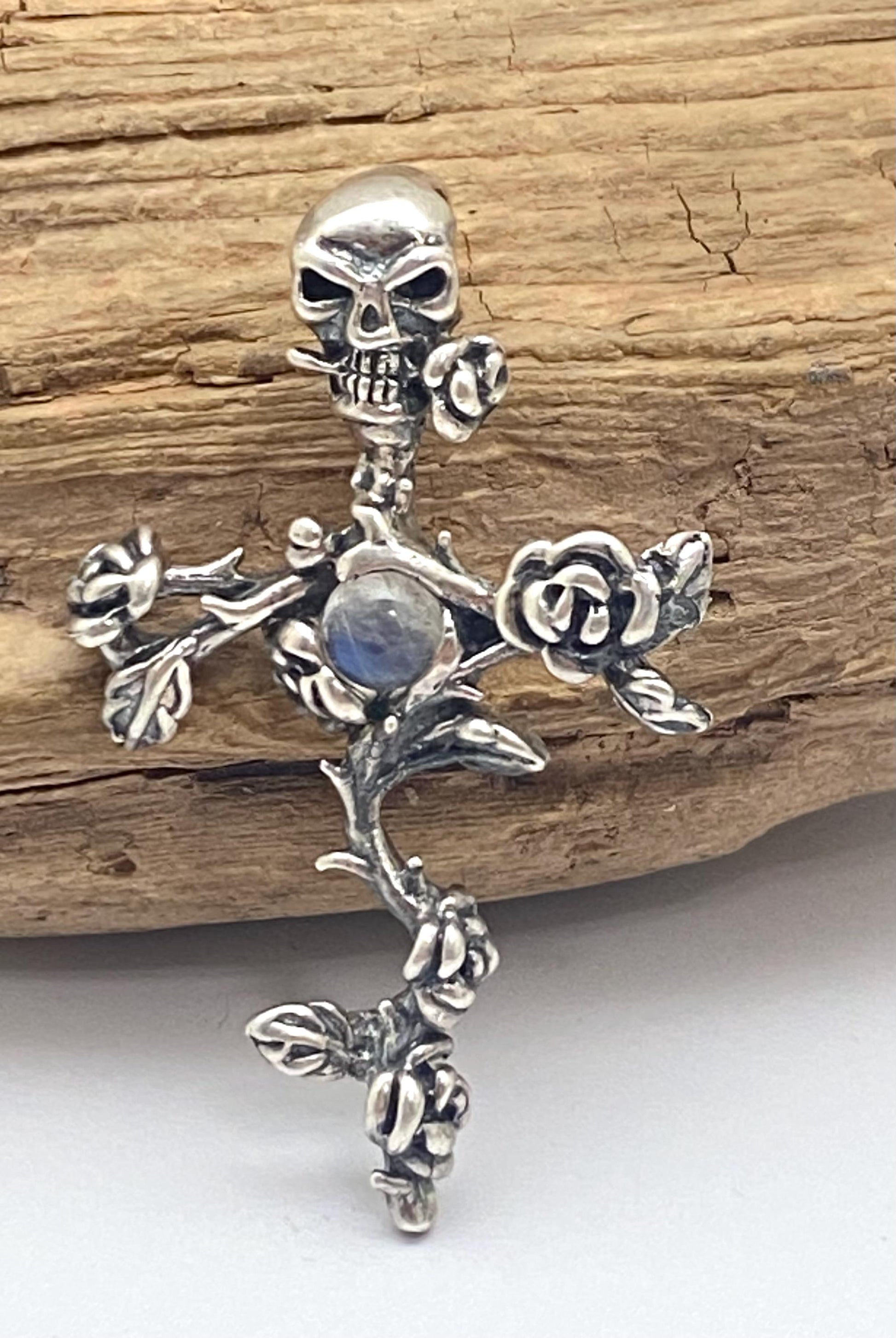 skeleton and rose pendant, sterling silver, skull, rainbow moonstone,flower pendant,floral design.