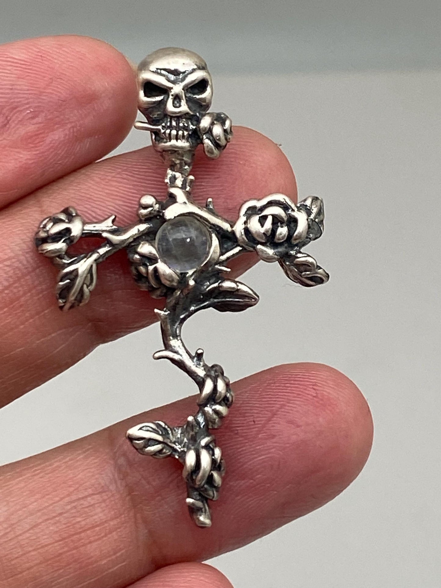 skeleton and rose pendant, sterling silver, skull, rainbow moonstone,flower pendant,floral design.