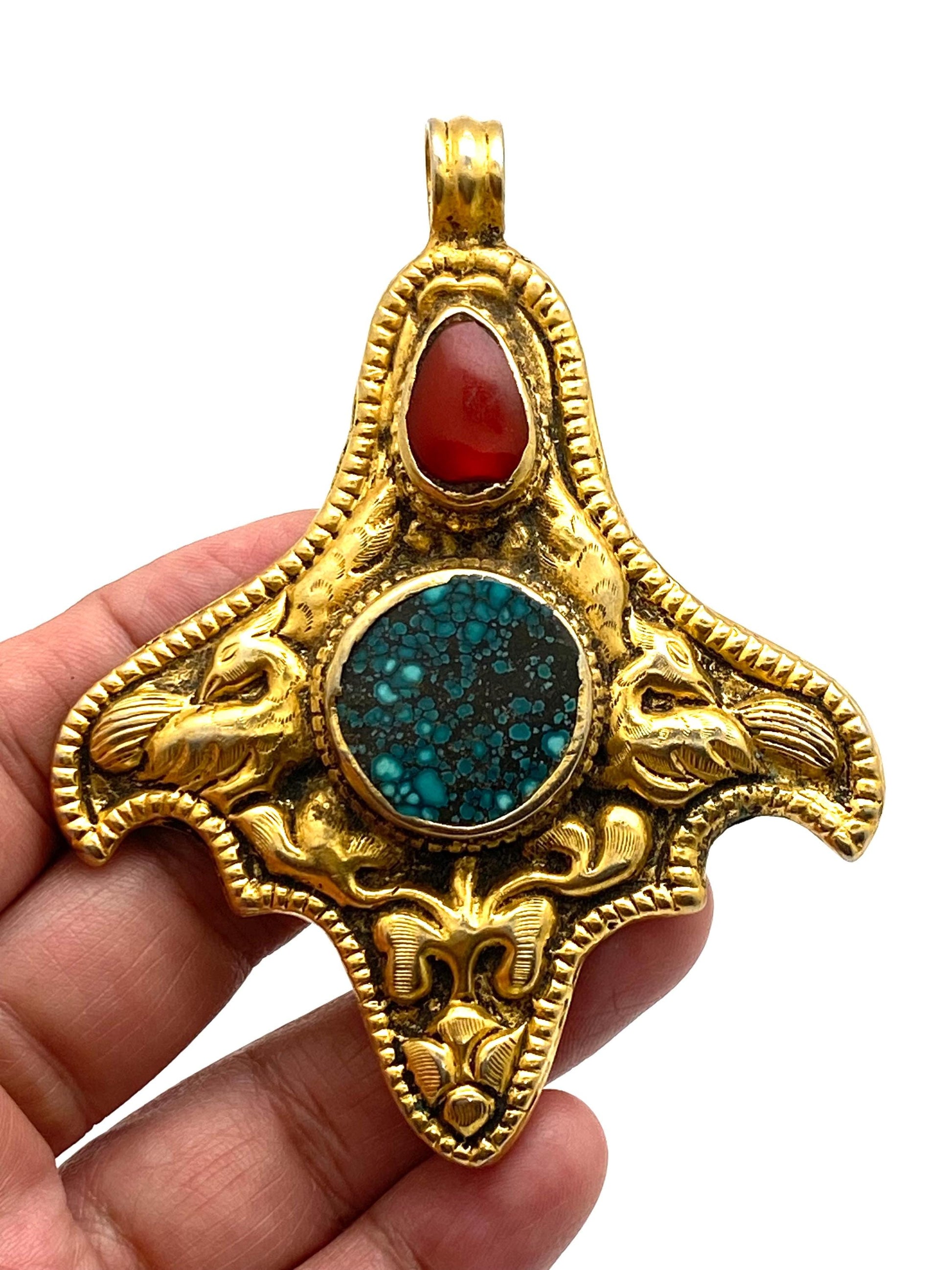 Turquoise, coral, Tibetan silver, gold-plated, handcrafted, ethnic style, Nepalese