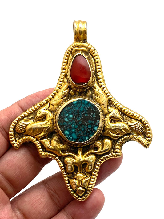 Turquoise, coral, Tibetan silver, gold-plated, handcrafted, ethnic style, Nepalese