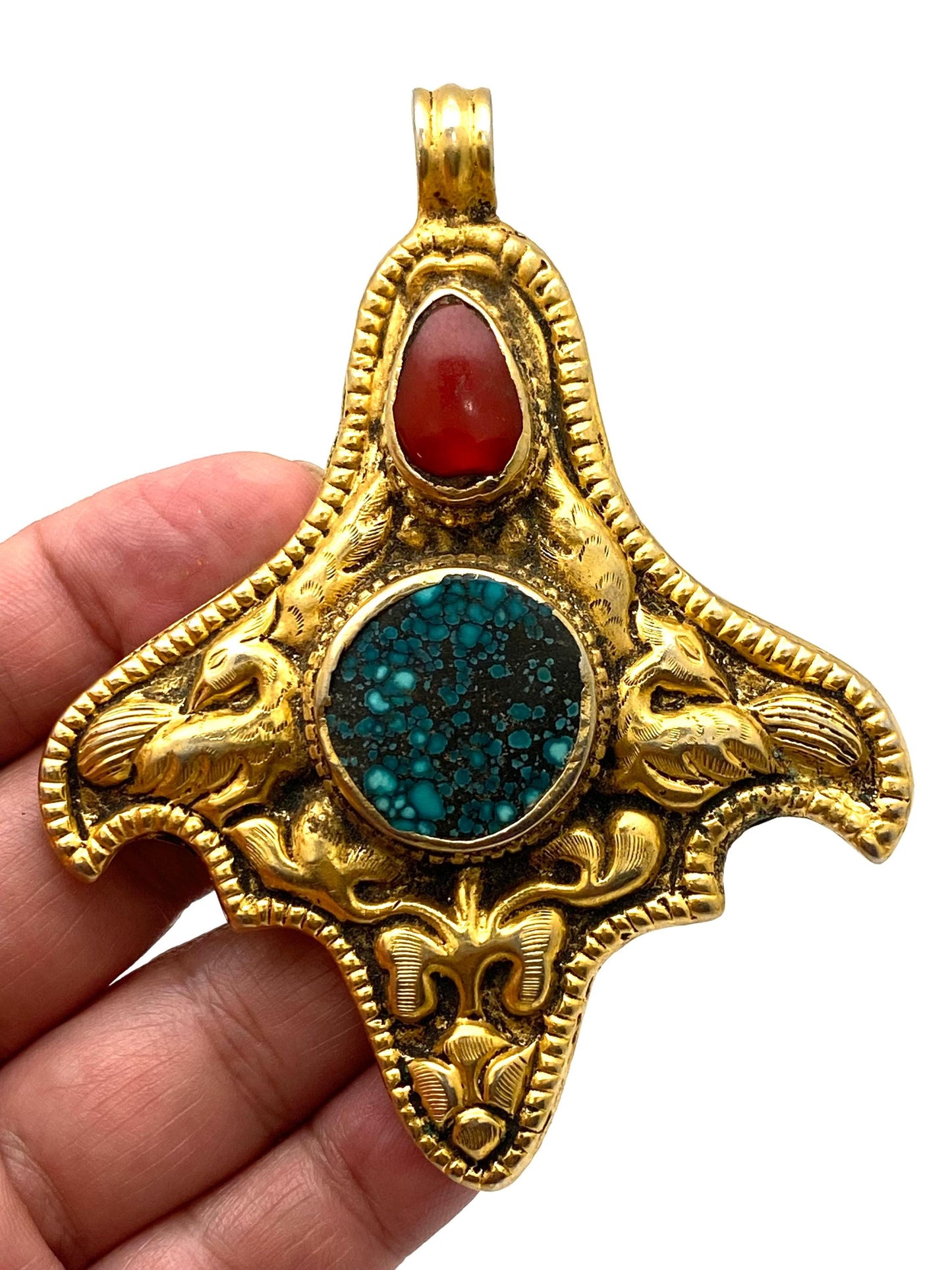 Turquoise, coral, Tibetan silver, gold-plated, handcrafted, ethnic style, Nepalese