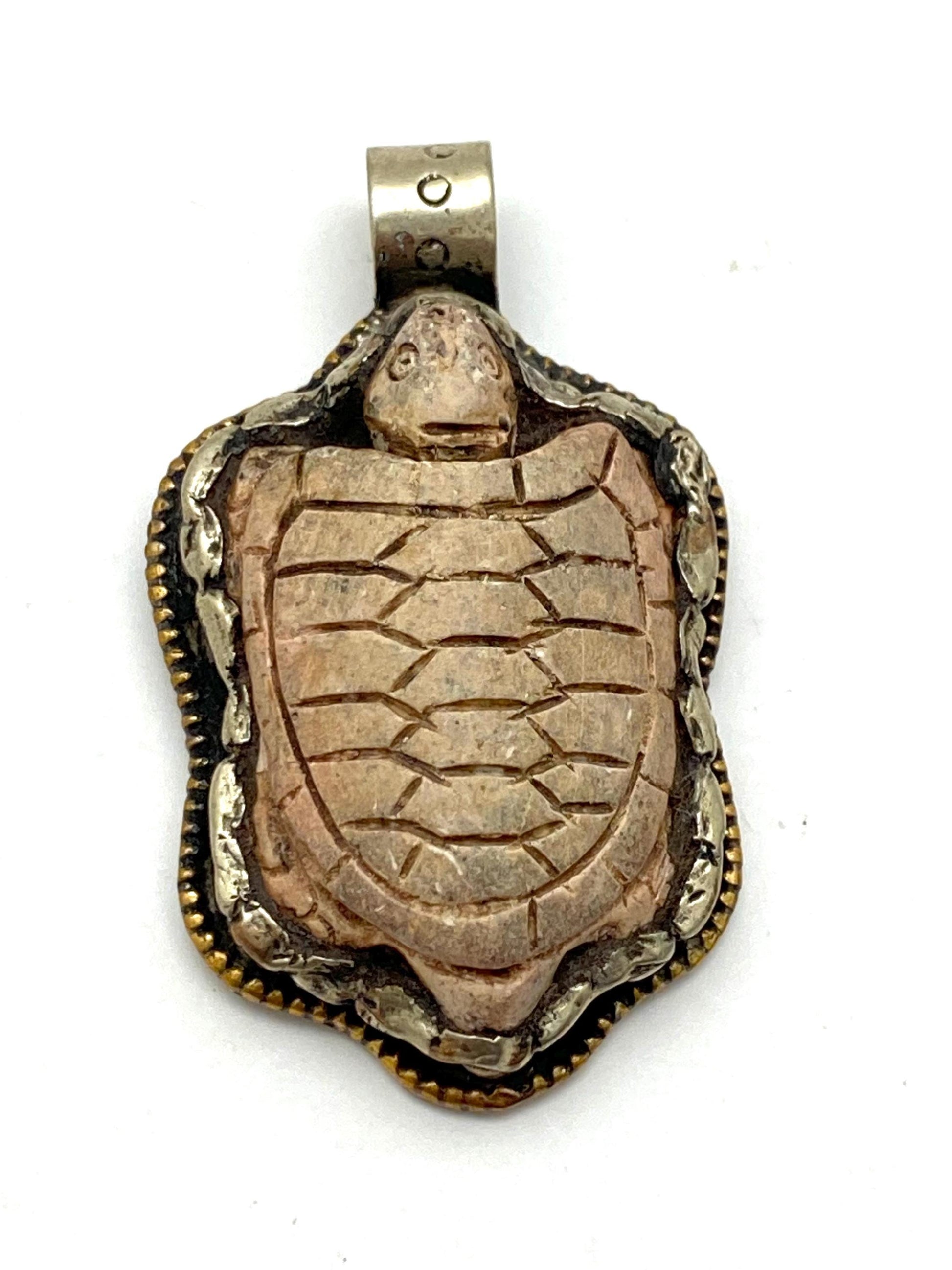 turtle pendant, handmade, bone carved, Tibetan silver, ethnic design,animal lover