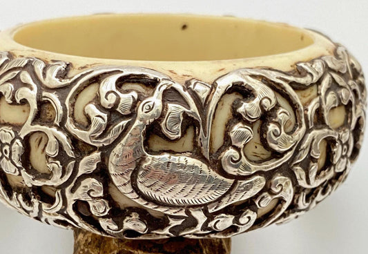 Bangle,bone carved, handcrafted,sterling silver,floral,bird,animal,ethnic style,