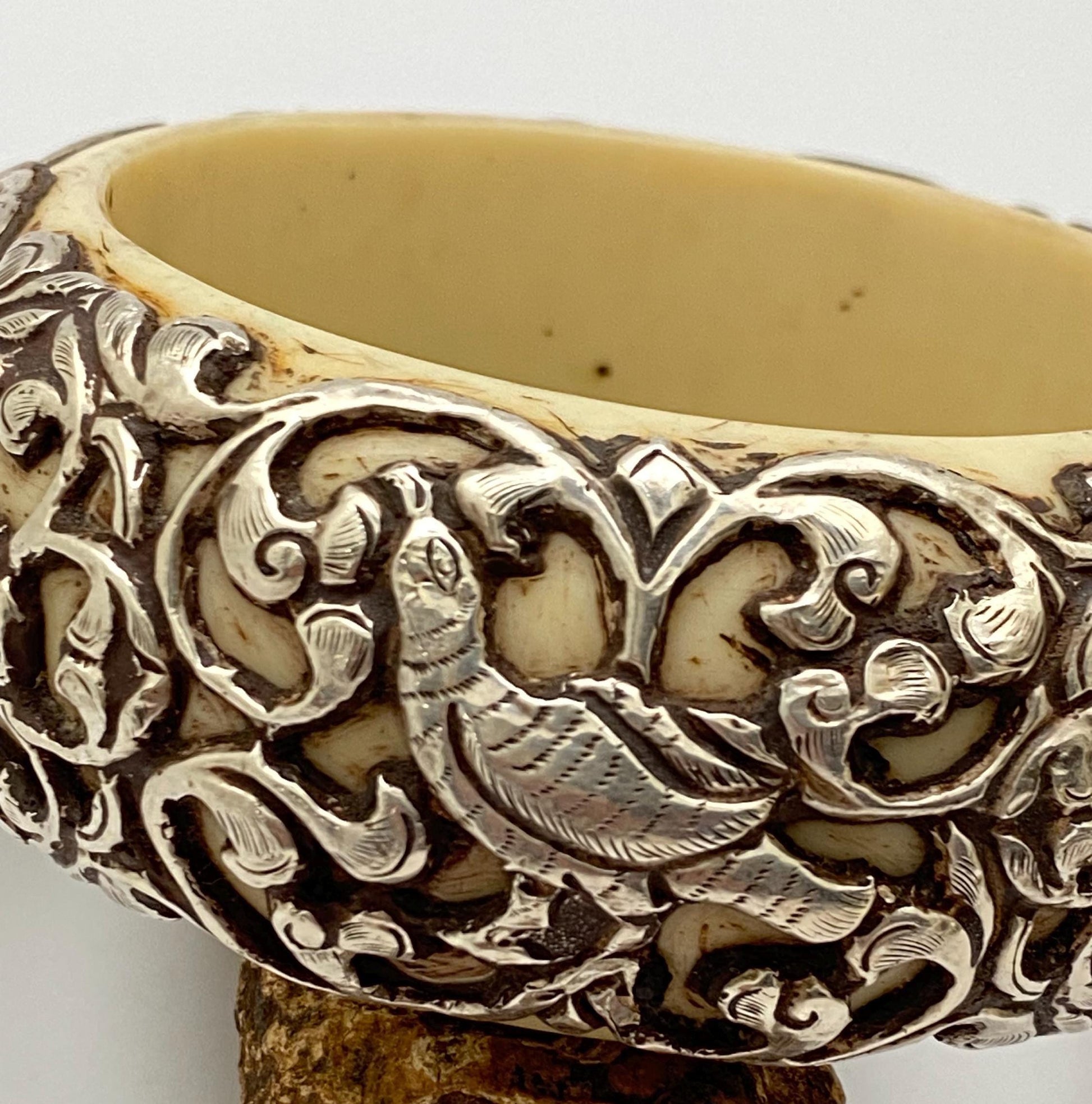 Bangle,bone carved, handcrafted,sterling silver,floral,bird,animal,ethnic style,