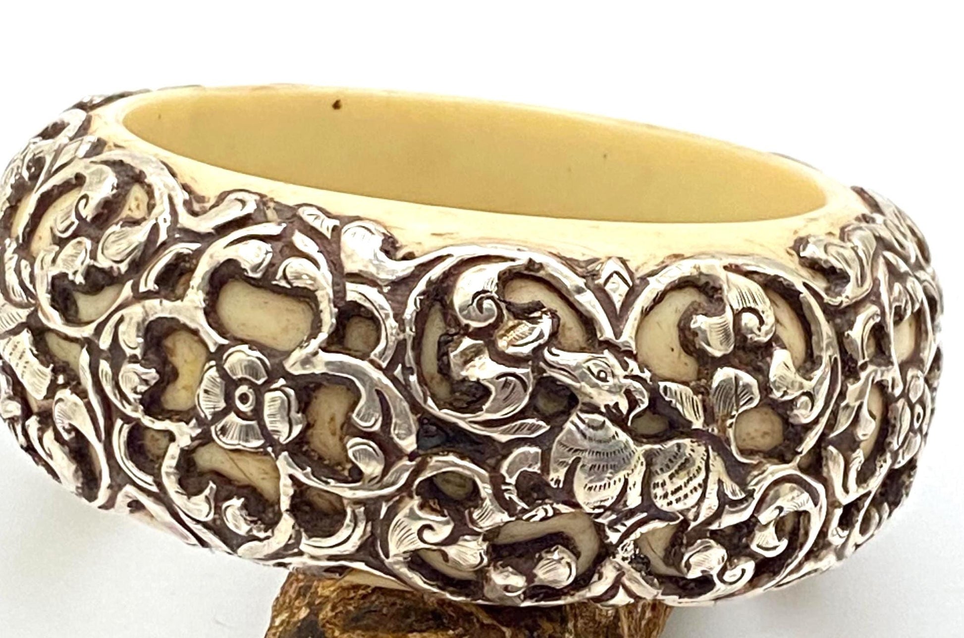 Bangle,bone carved, handcrafted,sterling silver,floral,bird,animal,ethnic style,